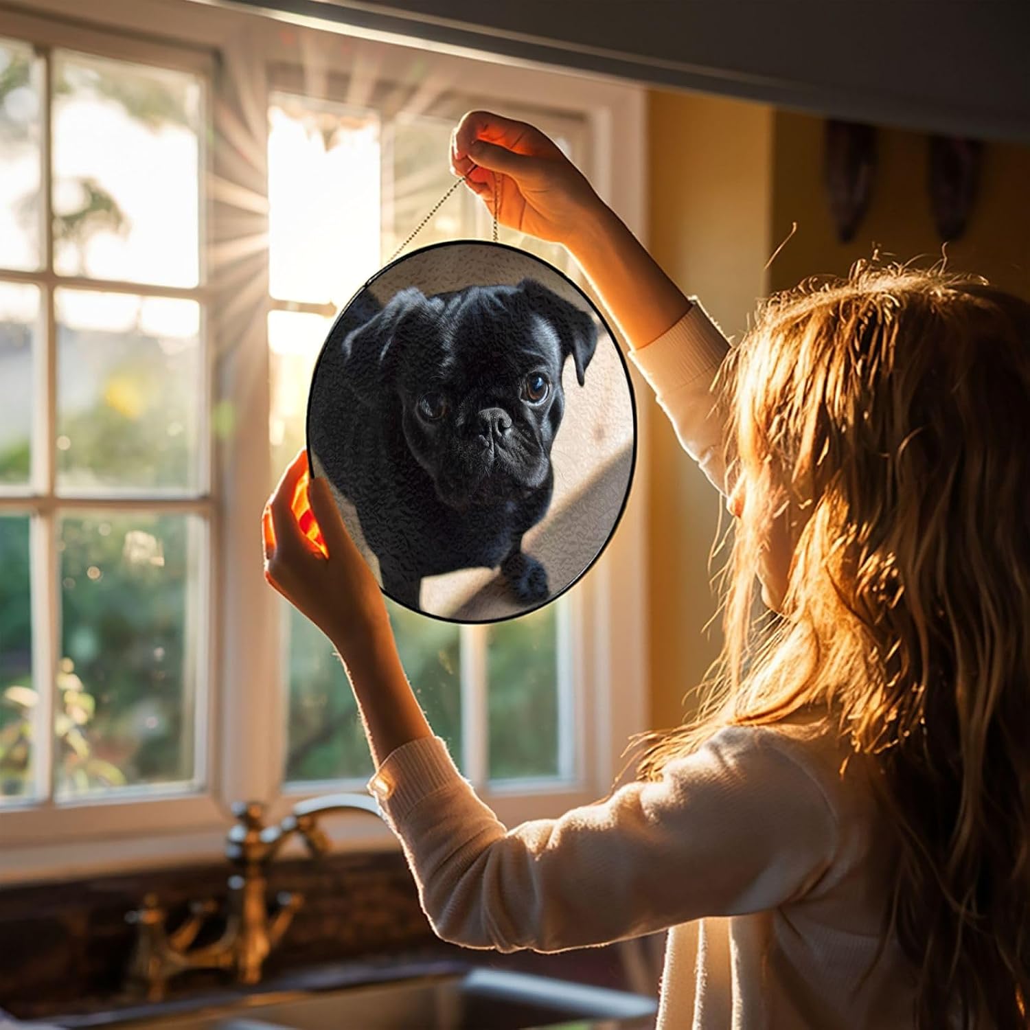 Black Pug Dog Puppy Stained Glass Suncatcher for Window Hanging Sun Catcher Ornament for Women Men Suncatcher for Home Decor, 4in（10cm） Round Glass Ornament for Mother's Day Birthday Gift
