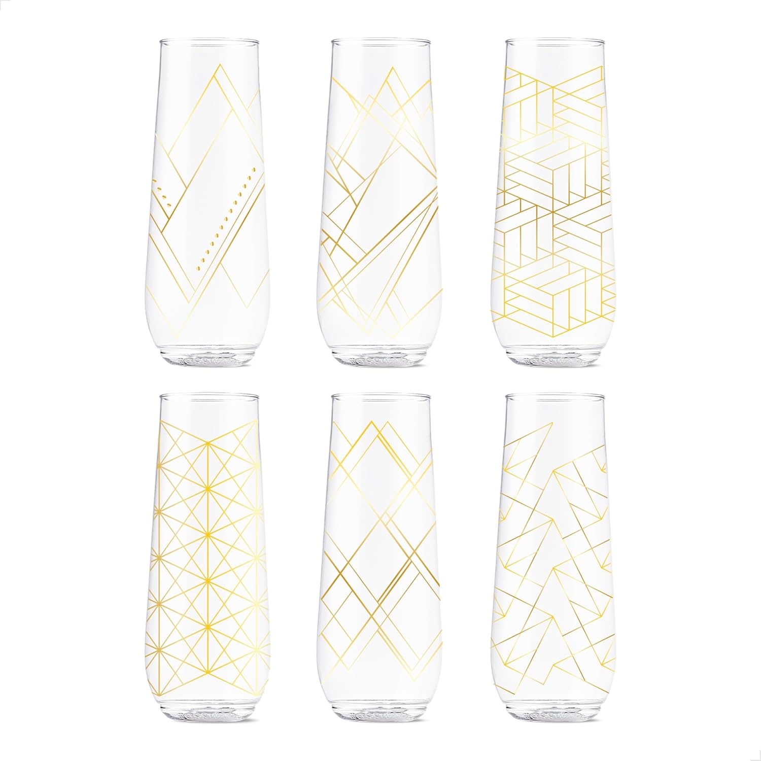 TOSSWARE POP 9oz Flute Linear Gold Series, SET OF 6, Premium Quality, Recyclable, Unbreakable & Crystal Clear Plastic Printed Champagne Glasses
