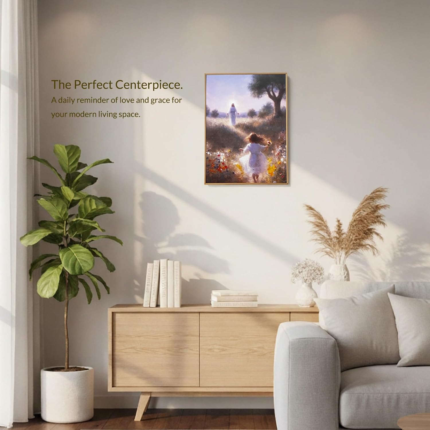 QINAVORIX Jesus Original Wall Art - Religious Christian Home Decor, Run to the Father in Wildflower Meadow, Spiritual Faith Canvas Print for Nursery, Living Room, Sunday School, 16x12 Inch (Framed Canvas with Hand-Painted Textures)