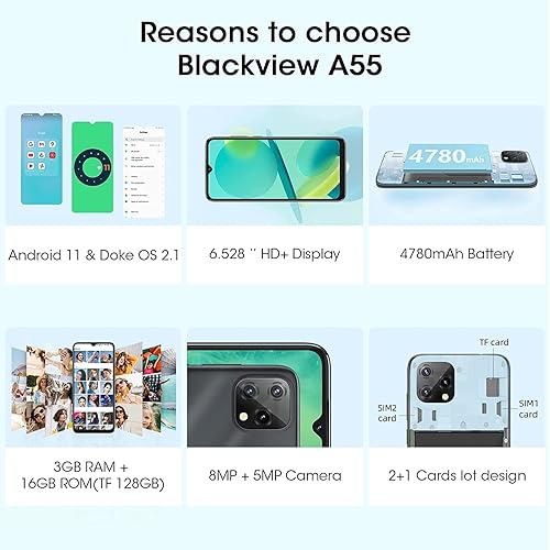 Miniatura 2 de Smartphones desbloqueados Blackview A55 teléfonos desbloqueados con doble SIM 4G Android 11 3 GB16 GB ROM de almacenamiento de 128 GB teléfonos