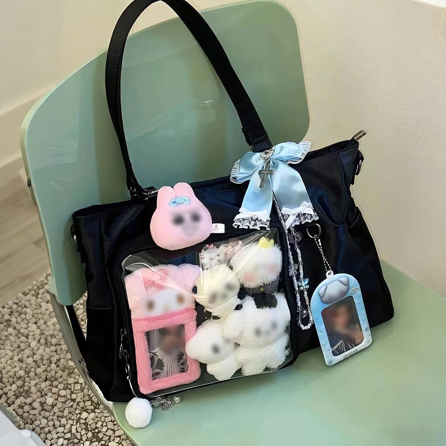 Kawaii Ita Bag for Women with Pin and Plush Penguin, Aesthetic Crossbody Bag With Anime Pins Display, Y2K Style Purse