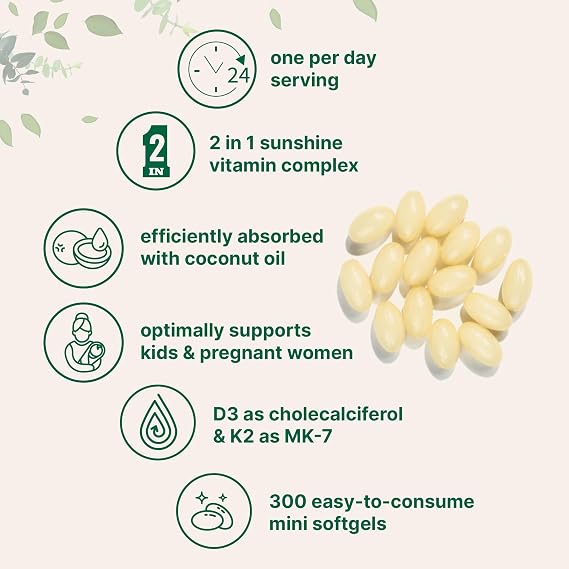 Micro Ingredients Vitamin D3 1,000 IU + K2 MK-7 25 mcg, 300 Softgels | Virgin Coconut Oil | 2-in-1 Bone, Immune & Heart Support | Easy to Swallow, Non-GMO