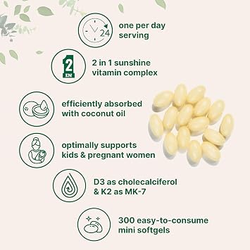 Micro Ingredients Vitamin D3 1,000 IU + K2 MK-7 25 mcg, 300 Softgels | Virgin Coconut Oil | 2-in-1 Bone, Immune & Heart Support | Easy to Swallow, Non-GMO