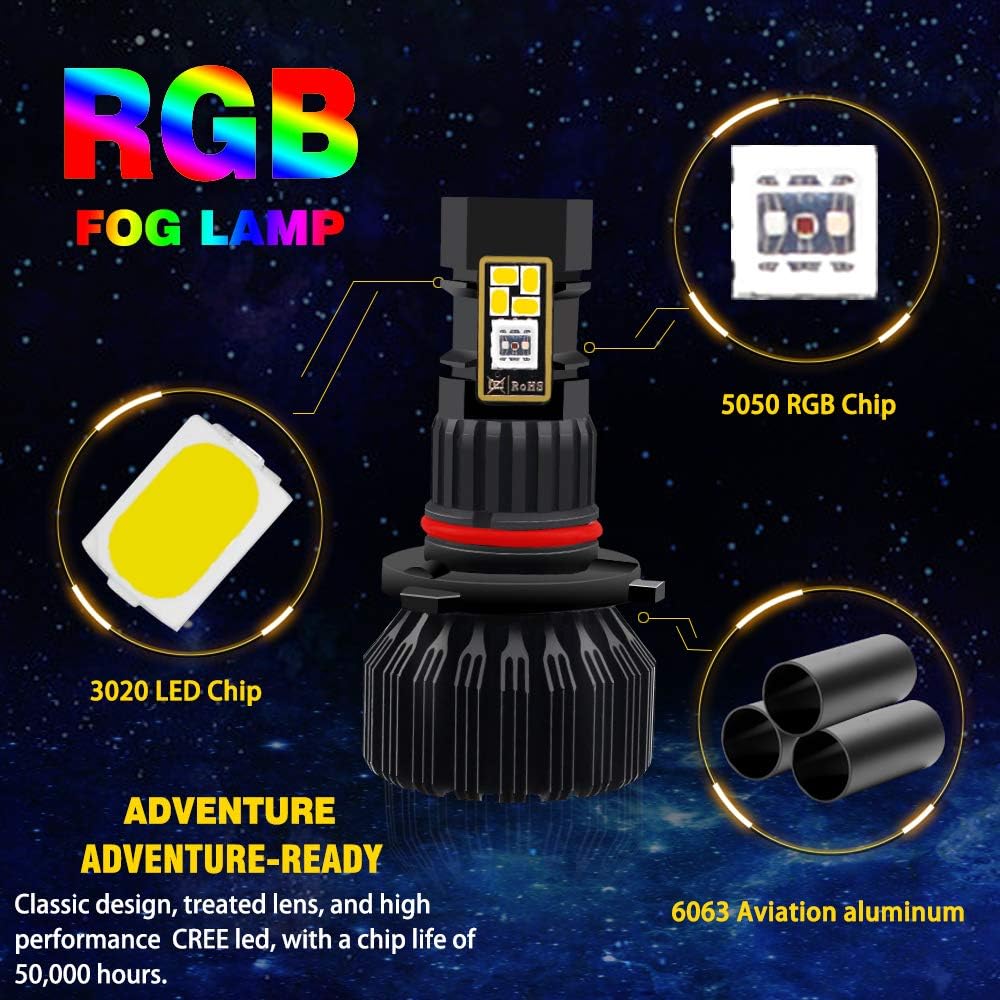 9005 9006 RGB LED Color Changing Fog Light Bulb HB3 HB4 Led Bulb Upgrade Multicolor APP Bluetooth Led Light Super Bright 1800LM 3020 SMD Bulbs Driving DRL Fog Lights Replacement 2PCS