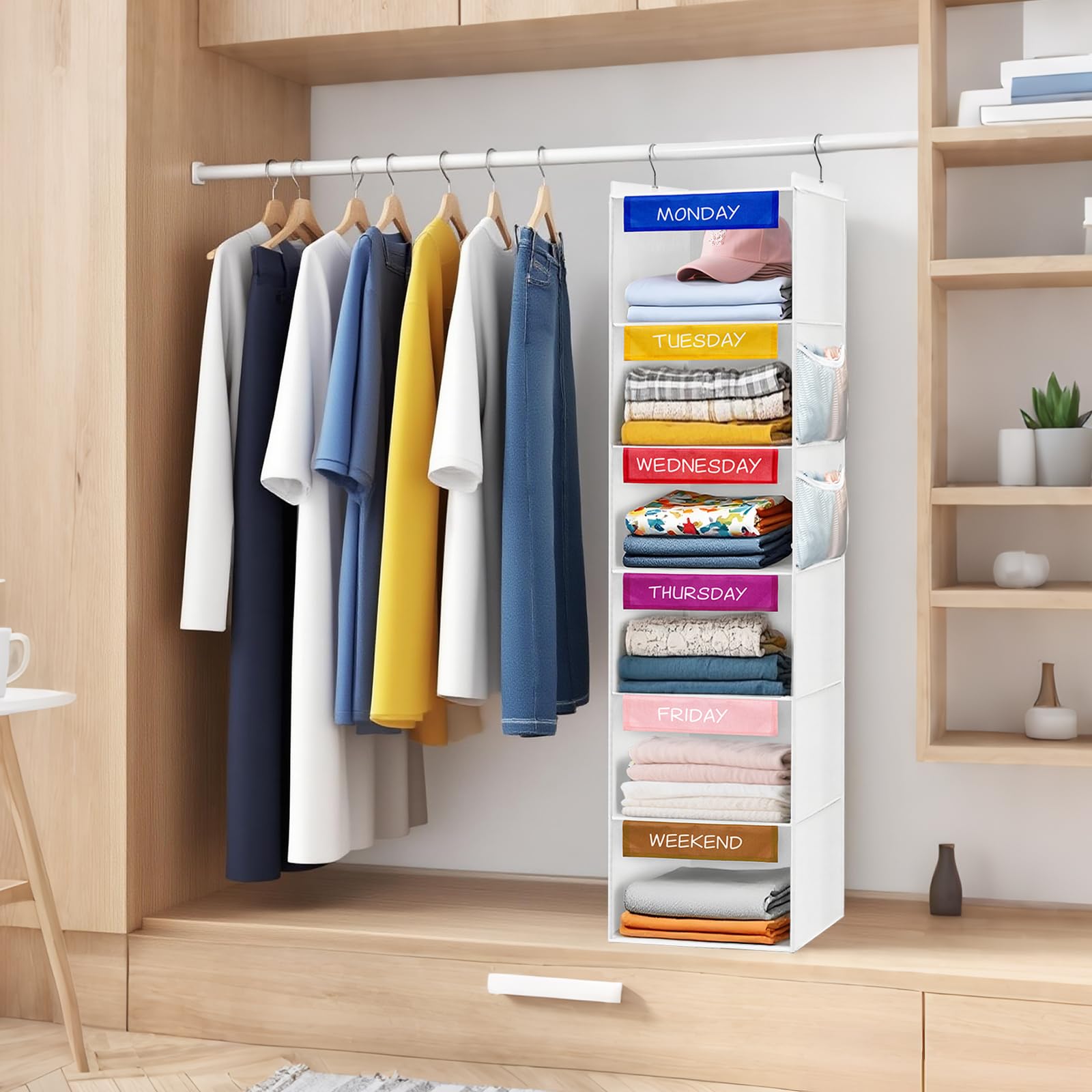 homyfort Weekly Clothes Organizer for Kids, 6-Shelf Hanging Closet Organizer with Colorful Labels, Space Saving Design with 2 Pockets, Daily Hanging Closet Shelves for Kids Room Storage, White
