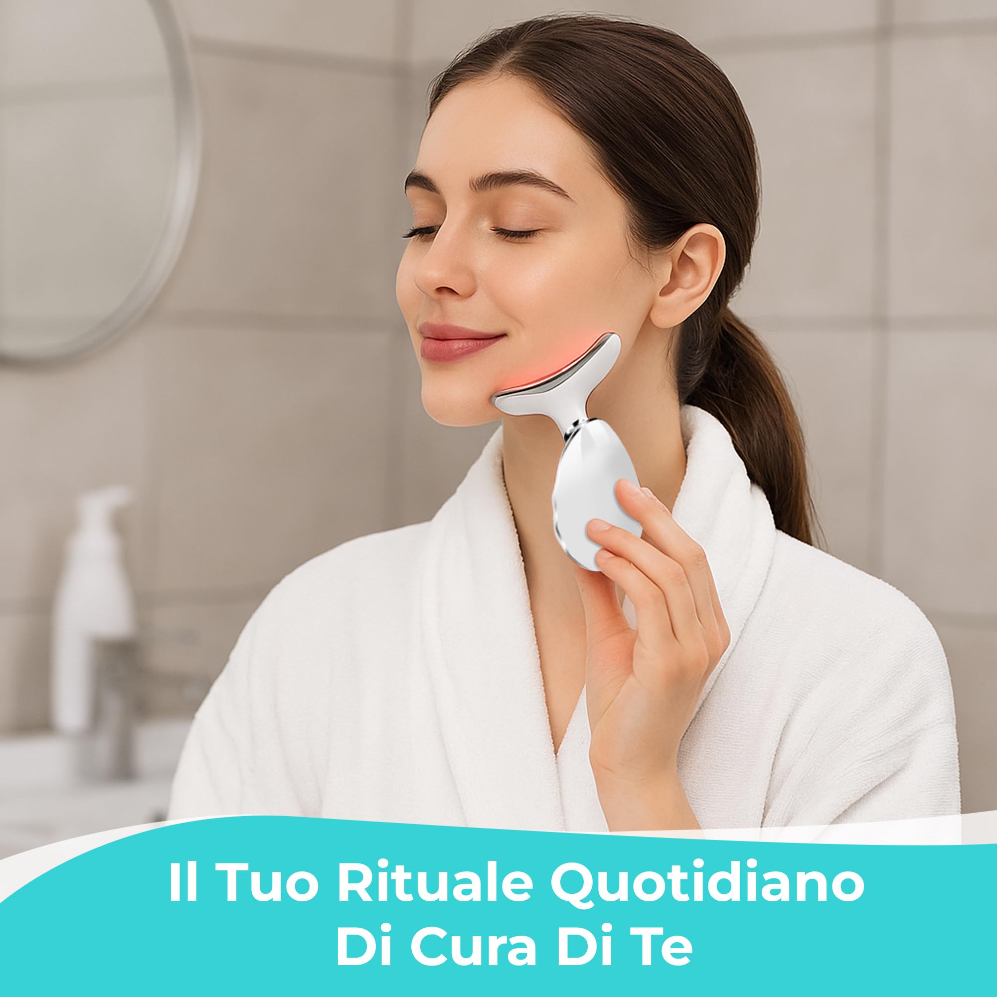 Massaggiatore Viso antirughe, Massaggiatore per la tonificazione e il rassodamento della pelle, terapia con luce rossa, EMS gua sha a 45°C, lifting viso e anti-età con 7 colori e 3 modalita led.