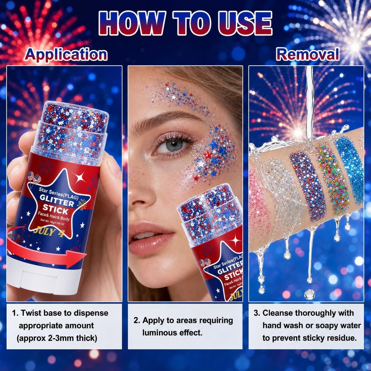 4th of JulyPatriotic Red White and Blue Face Hair Body Glitter Stick Outfits and Accessories for Women Kids,USA Flag Makeup for Independence Day 250 Anniversary Memorial