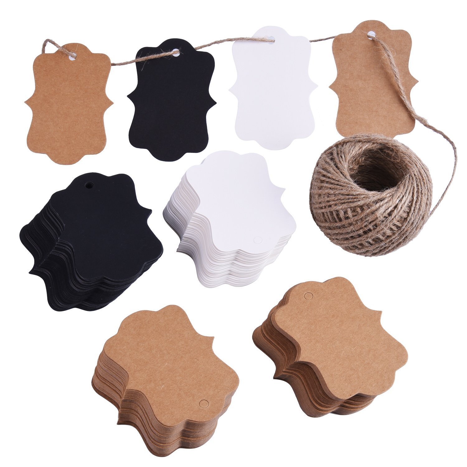 ABUFF 200 PCS Hanging Labels, Kraft Gift Tags, Craft Paper Tags, Blank Paper Tags Hole 30M Twine, Brown Black White