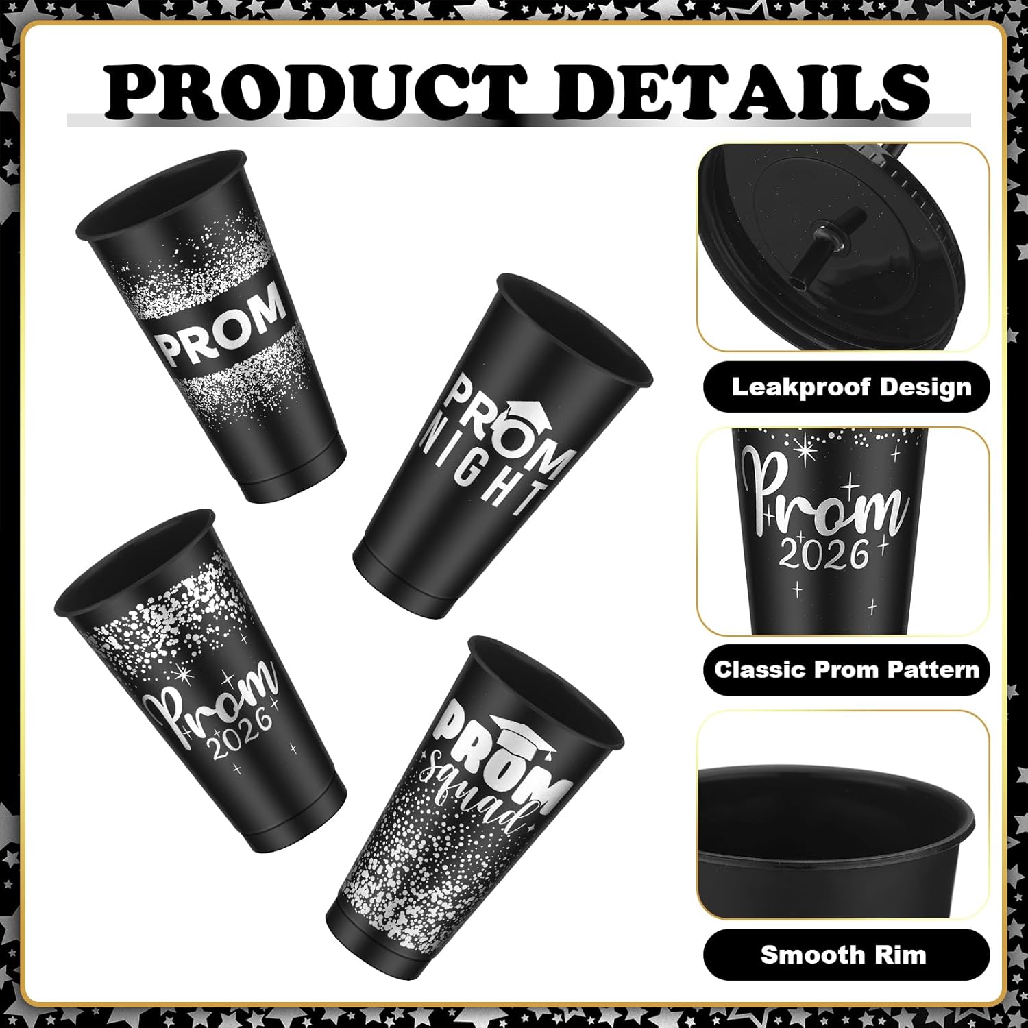 SiliFine 12 Set Graduation Prom 2026 Plastic Cups, 24oz Reusable Prom Plastic Tumblers Cup with Lids and Straws Graduation Party Dinnerware Supplies Bulk for Cold Drink (Black Silver)