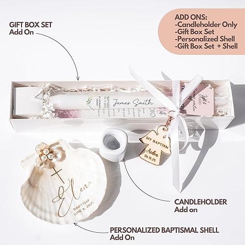 Miniatura 3 de Vela de bautismo personalizada, concha bautismal, ángel de madera grabada, juego de caja de regalo, celebración religiosa, bautizo, confirmación,