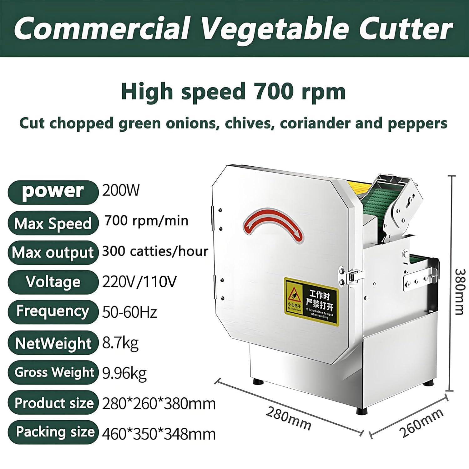 Cortador eléctrico de verduras comercial, 1,3-35 mm de grosor ajustable, máximo 150 kg/hora para cebolla, cilantro, puerros