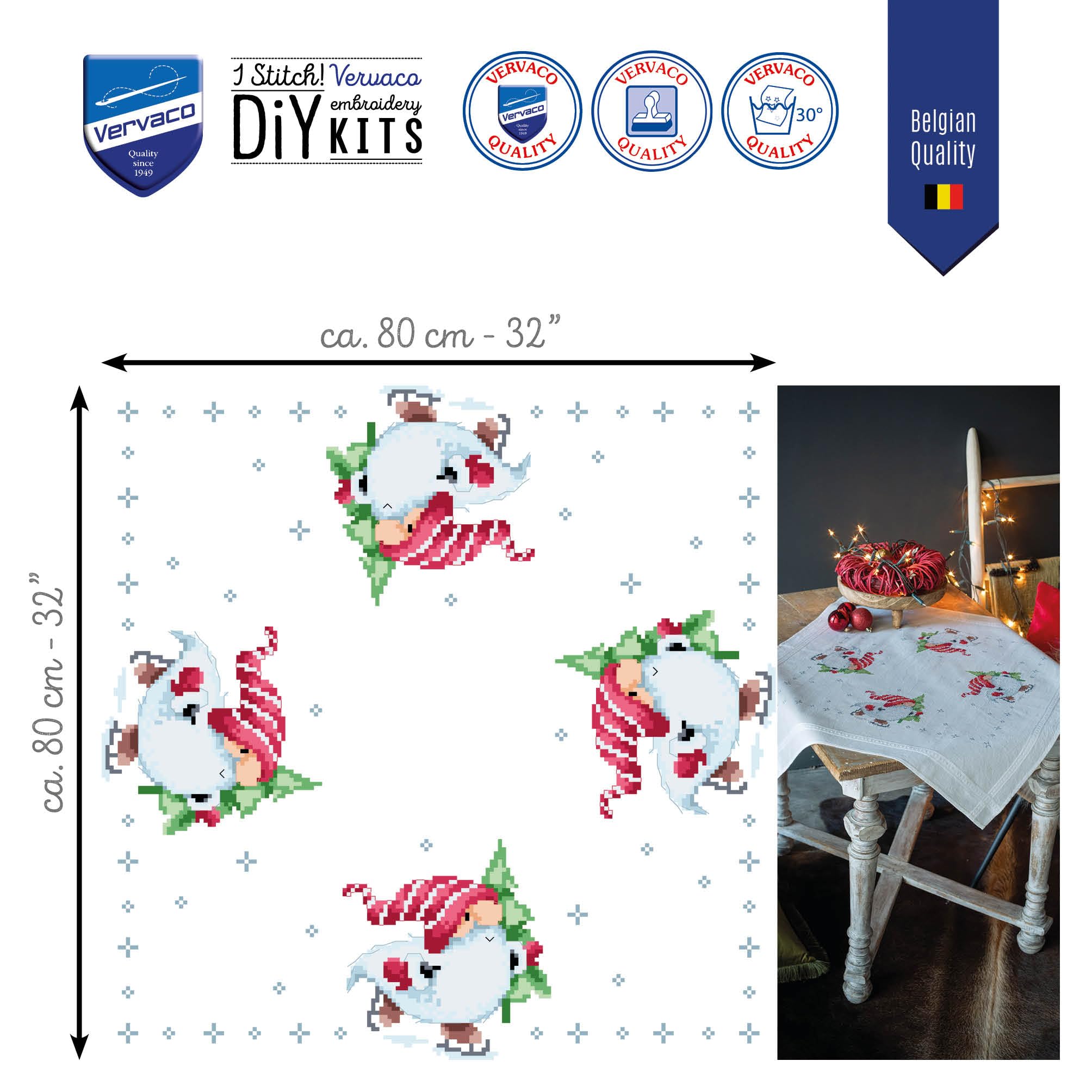 Vervaco Kreuzstich Stickpackungen Tischdecke Weihnachtsgnome Stickdecken Vorgezeichnet Basteln Erwachsene Kreativ Set Vorgedruckte Decke Sticken 80 x 80 cm Stickset DIY Sticken Set