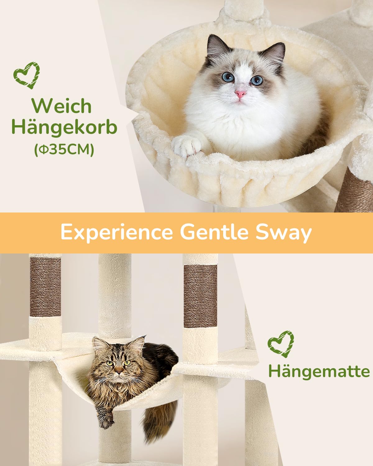 Globlazer S80B Kratzbaum Beige XXL 204 cm für 3-5 Große Katzen Katzenbaum | Mehrstöckiger, 2 Große Katzenhaus, 2 Plattform, Hängematte, Korb, für Schwere Katzen Innen, Einfach Montieren, Robust Sicher