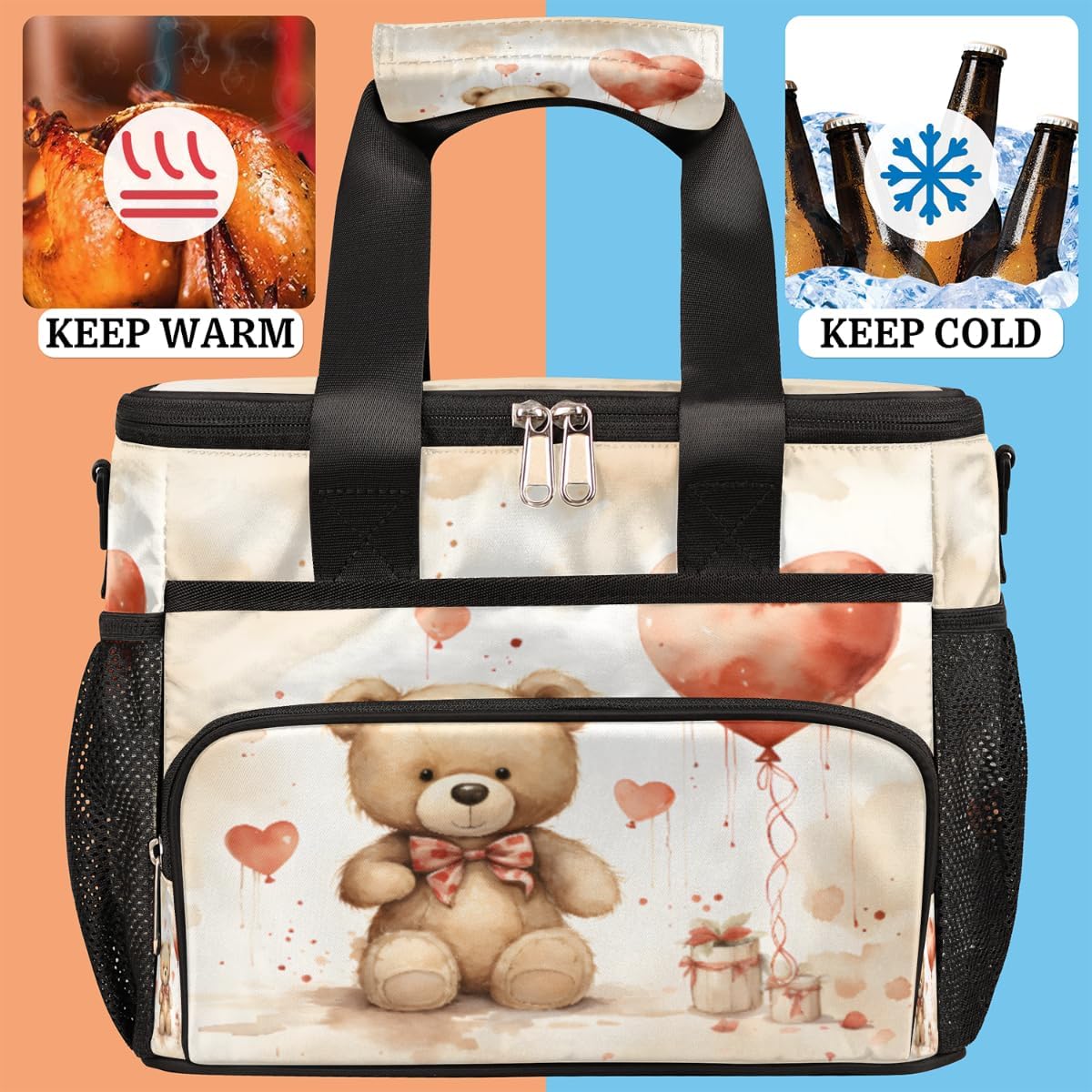 Insulated Picnic Backpack Lunch Box for Women Men Picnic Basket Tote Lunch Bag Picnic Bag Portable Lunch Bags for Picnic, Beach, Work, Trip,Office, Camp Valentine's Day Bear