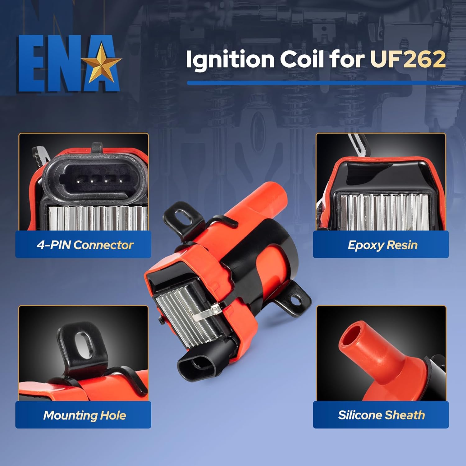 ENA Set of 8 Red Round Ignition Coil Pack with 8 Spark Plug and Wires Set Compatible with Chevrolet Chevy Buick Cadillac Tahoe Express SSR Silverado Suburban H2 Rainier Escalade Replace# UF262 9748HH
