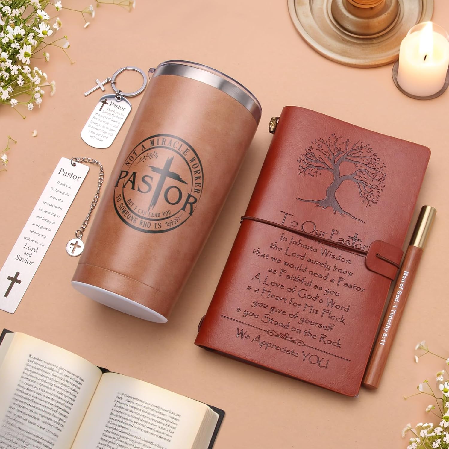 Pastor Appreciation Gifts for Men Christian Pastor Gifts Unique Pastor Gift for Pastors Including Leather Journal Tumbler Keychain Socks Acrylic Medal Pen Bookmarks Card for Birthday Christmas - Image 4