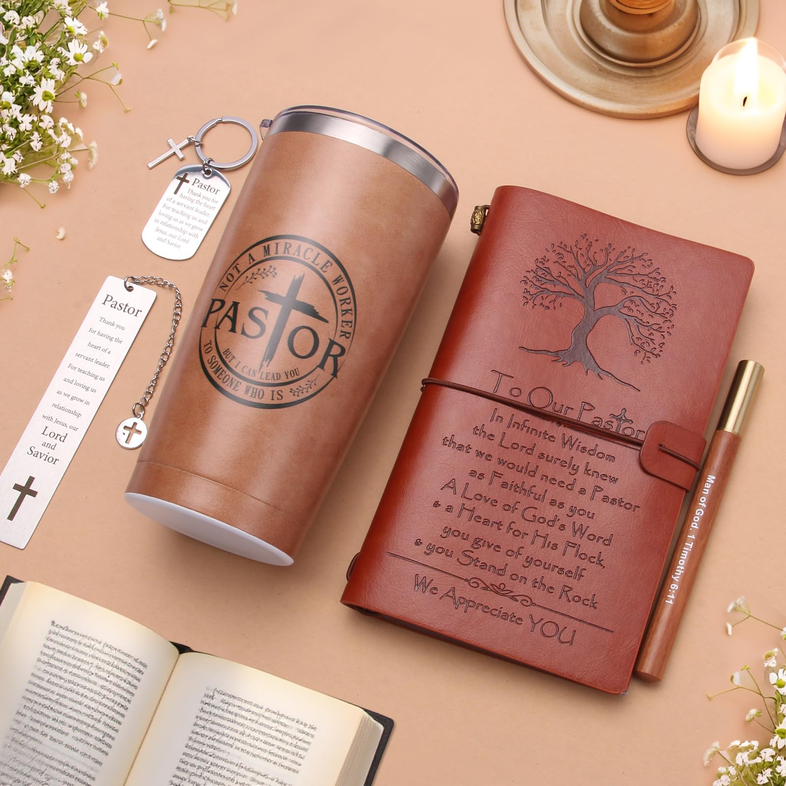 Pastor Appreciation Gifts for Men Christian Pastor Gifts Unique Pastor Gift for Pastors Including Leather Journal Tumbler Keychain Socks Acrylic Medal Pen Bookmarks Card for Birthday Christmas