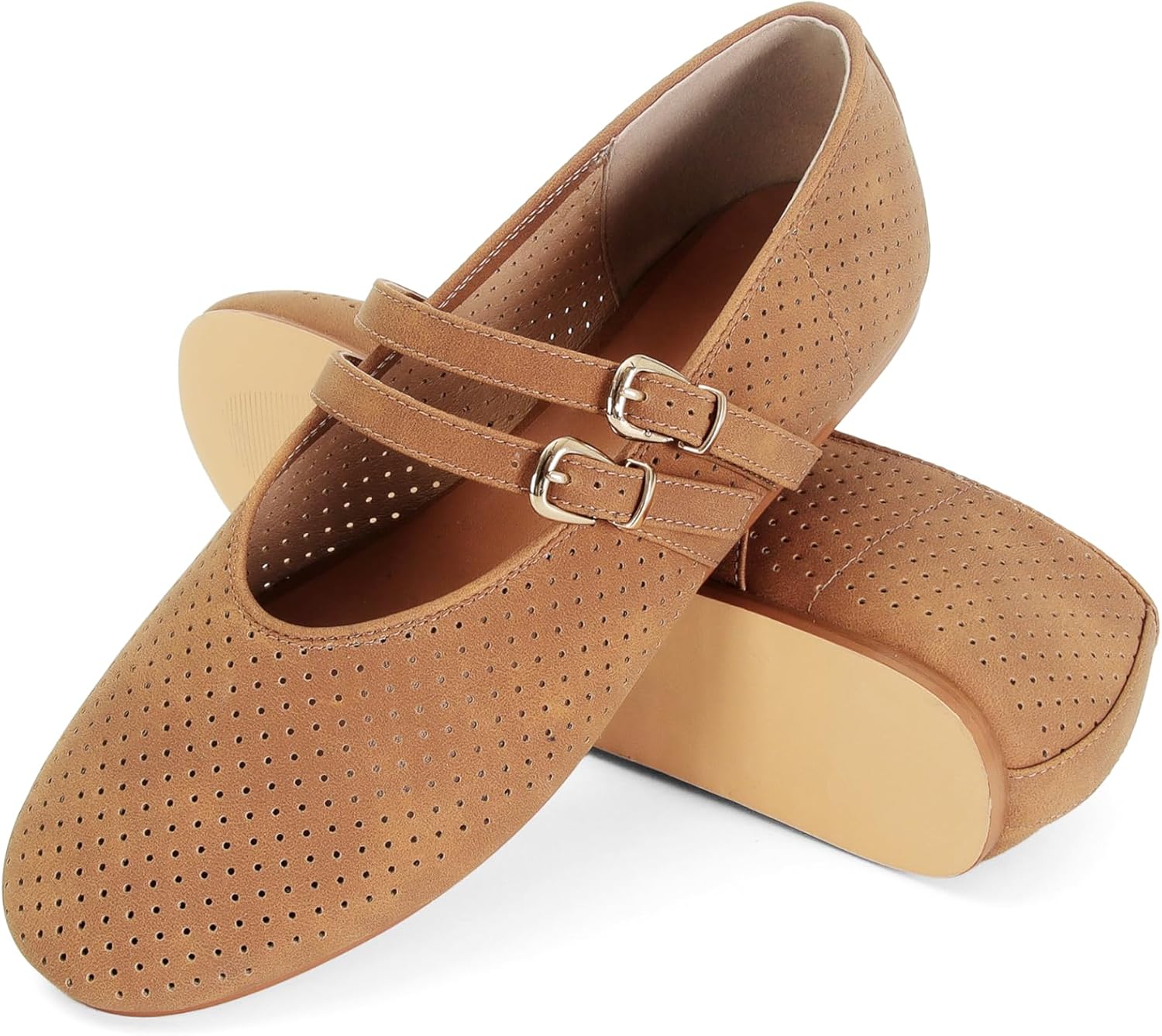 SOVANYOU Suede Mary Jane Flats for Women Perforated Round Toe Ballet Flats with Double Buckle Strap Breathable Mesh Ballerina Shoes - Image 5