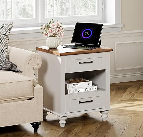 Miniatura 3 de WAMPAT Mesita de noche blanca con 2 cajones, mesa auxiliar de madera con estación de carga, mesa auxiliar moderna de mediados de siglo para
