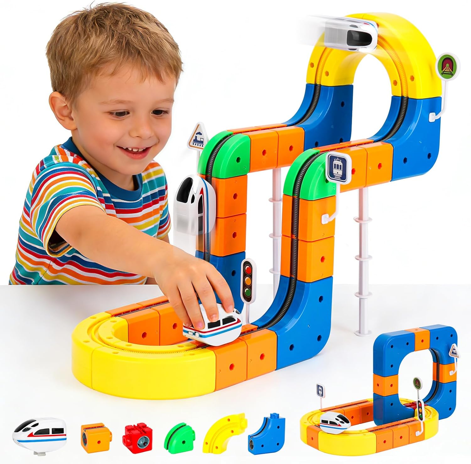 Electric Train Set for Kids, 3D Flexible Racing Car Track Set for Kids 4 5 6 7 8 Yrs Old, Electric Gravity Defying Car, STEM Educational Building Train Toys for Boys & Girls Birthday Gift(Starter Set)