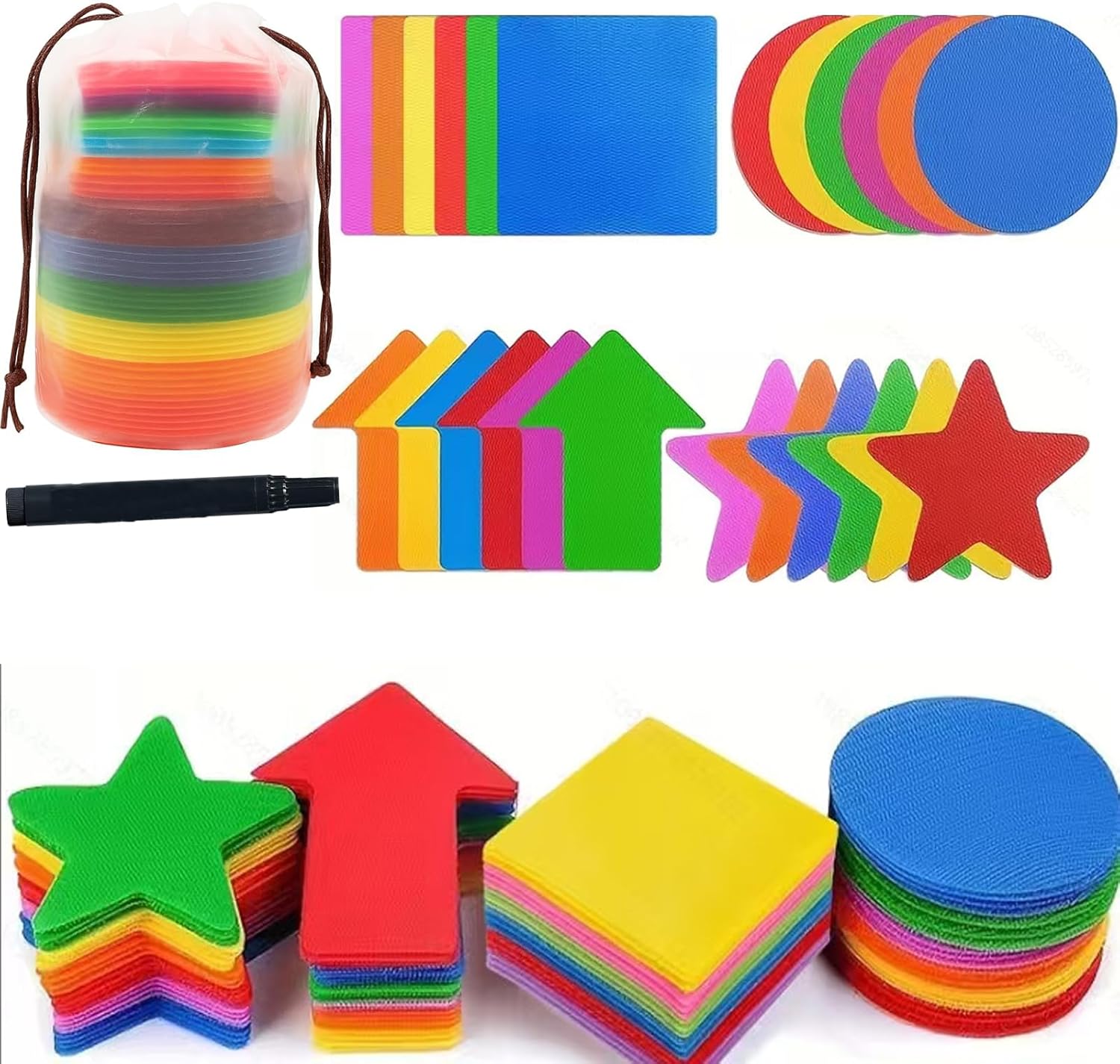 72 Pcs Carpet Markers for Classroom, 4 Shapes Sitting Spots Floor Markers with Storage Bag, Non-Slip Rug Spots for Preschool Elementary Teachers, Circles Stars Squares Hearts