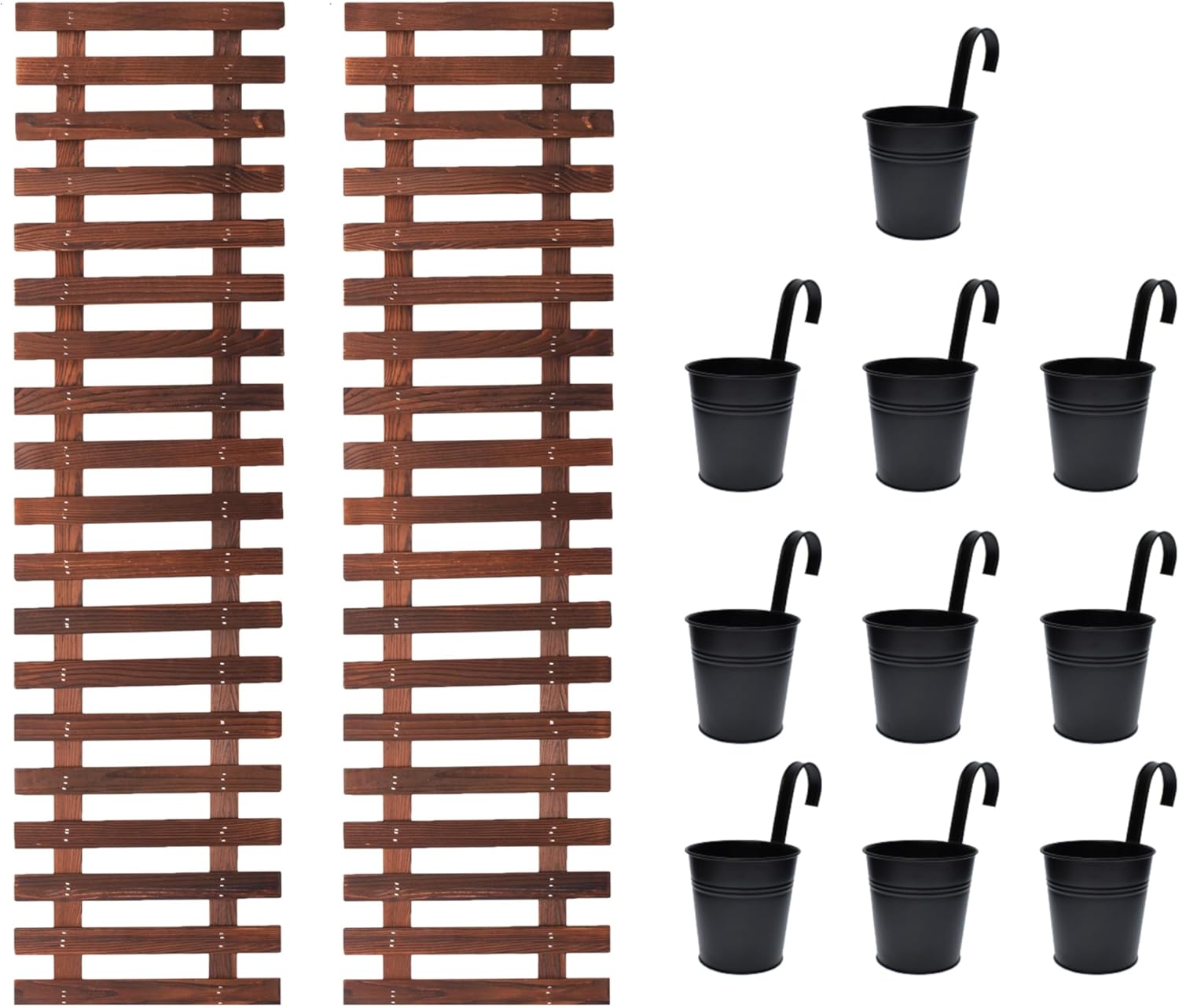 Bundle - 4 Inch Black Metal Flower Pots + 2 Pack Wooden Plants Holders Vertical Garden Planter, Live Plant Wall System Outdoor Wall Mounted Planter Decoration Large Indoor Living Wall Plant Decor