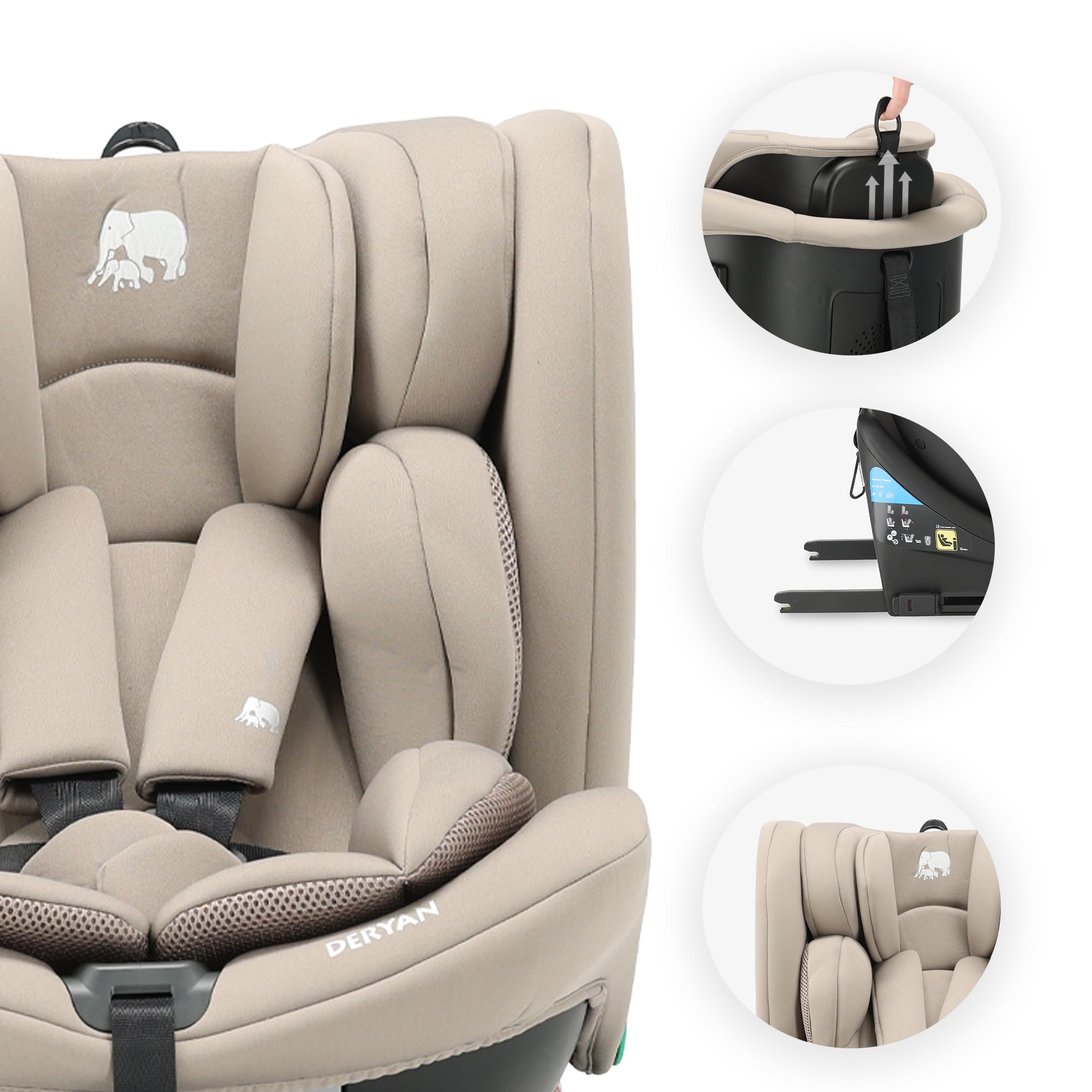 Silla de coche para niños Deryan Colin 360° i-Size (40-150 cm), 0-12 años, 0-36 kg, Montaje con isofix de seguridad, reposacabezas y respaldo ajustables, R129 (Turrón)
