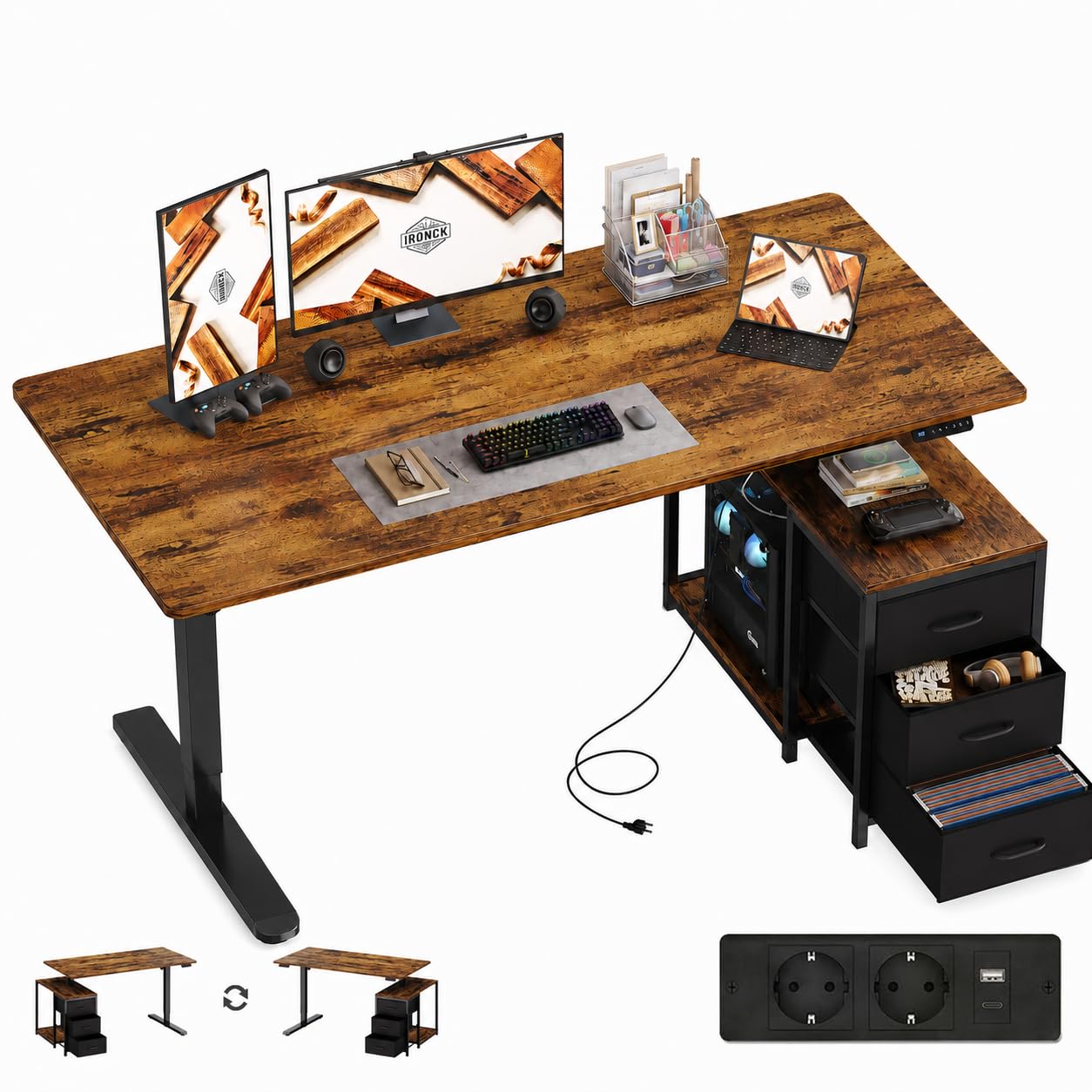 IRONCK Höhenverstellbarer Schreibtisch 160x80cm mit Steckdose, 3 Schubladen | Reversible Elektrisch Computertisch, USB-C-Anschluss, 3 Speichertasten, stufenlos verstellbar, Stehtisch für Büro, Braun
