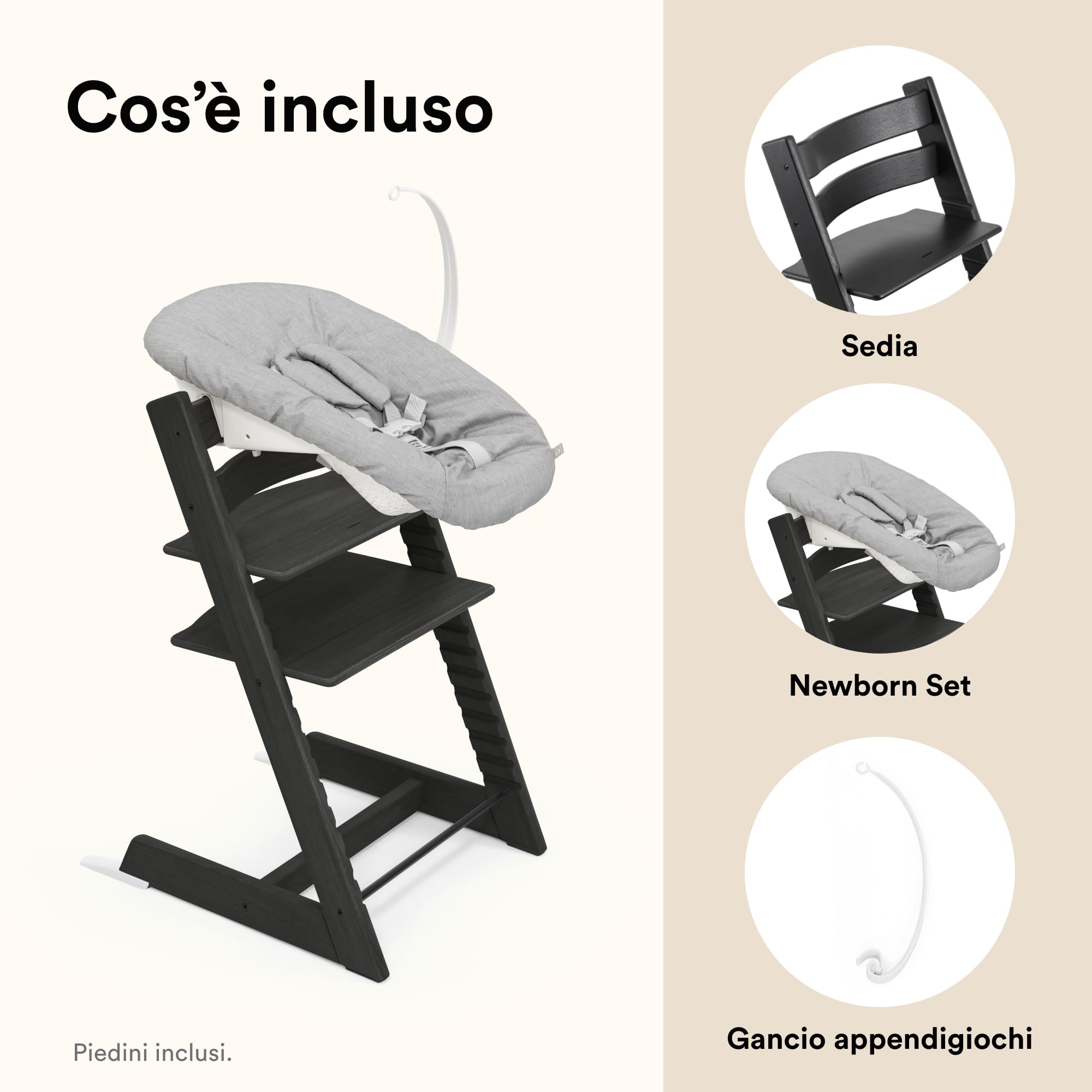 Sedia Tripp Trapp di Stokke (Oak Black) con Newborn Set (Grigio) - Per neonati fino a 9 kg - Confortevole, sicuro e facile da usare