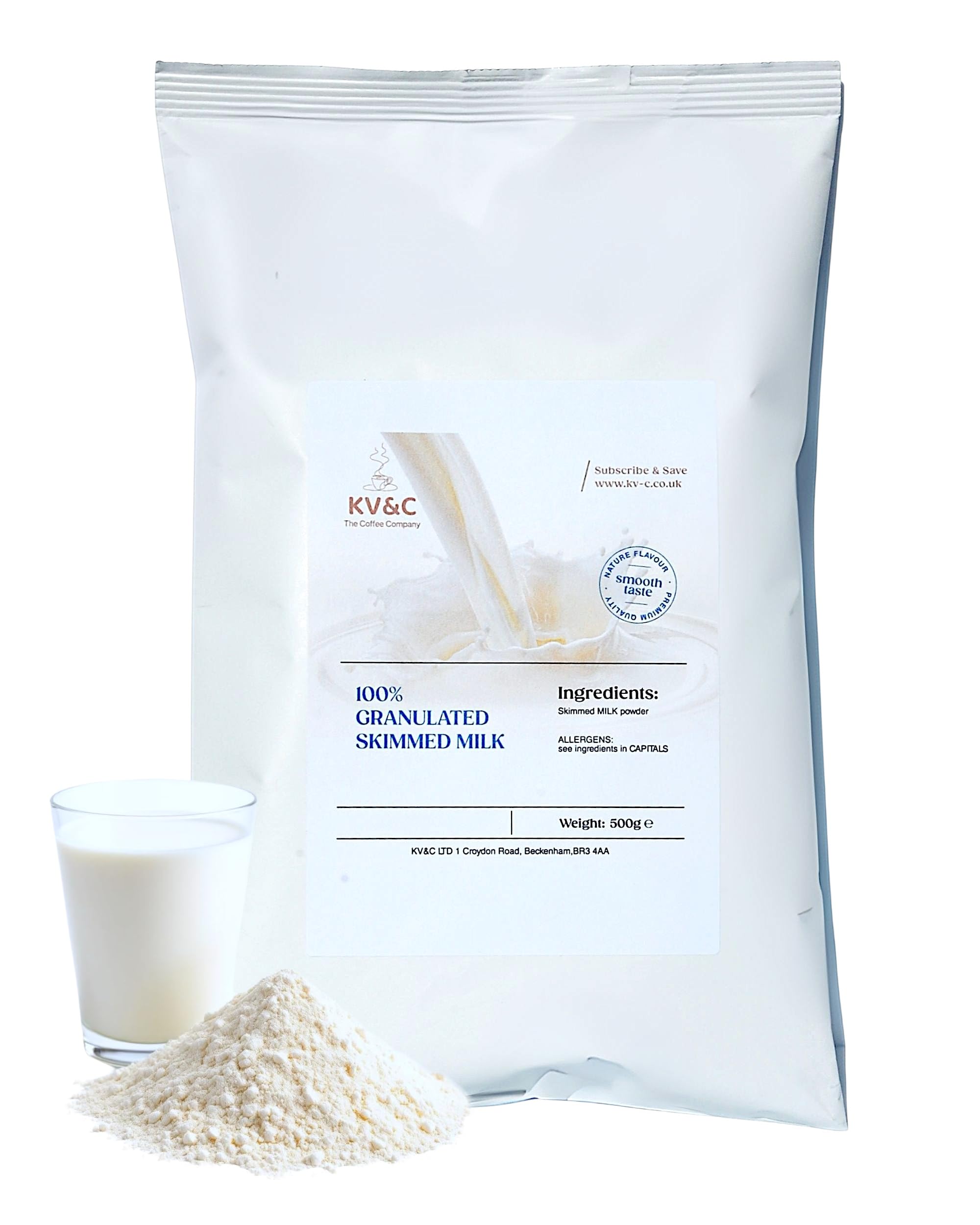 KV&C - 500g Fine Granulated Powder Skimmed Milk The Convenient Powdered Alternative to Fresh Milk for Cooking | Baking | Drinking | Vending (1 x 500g Bag)