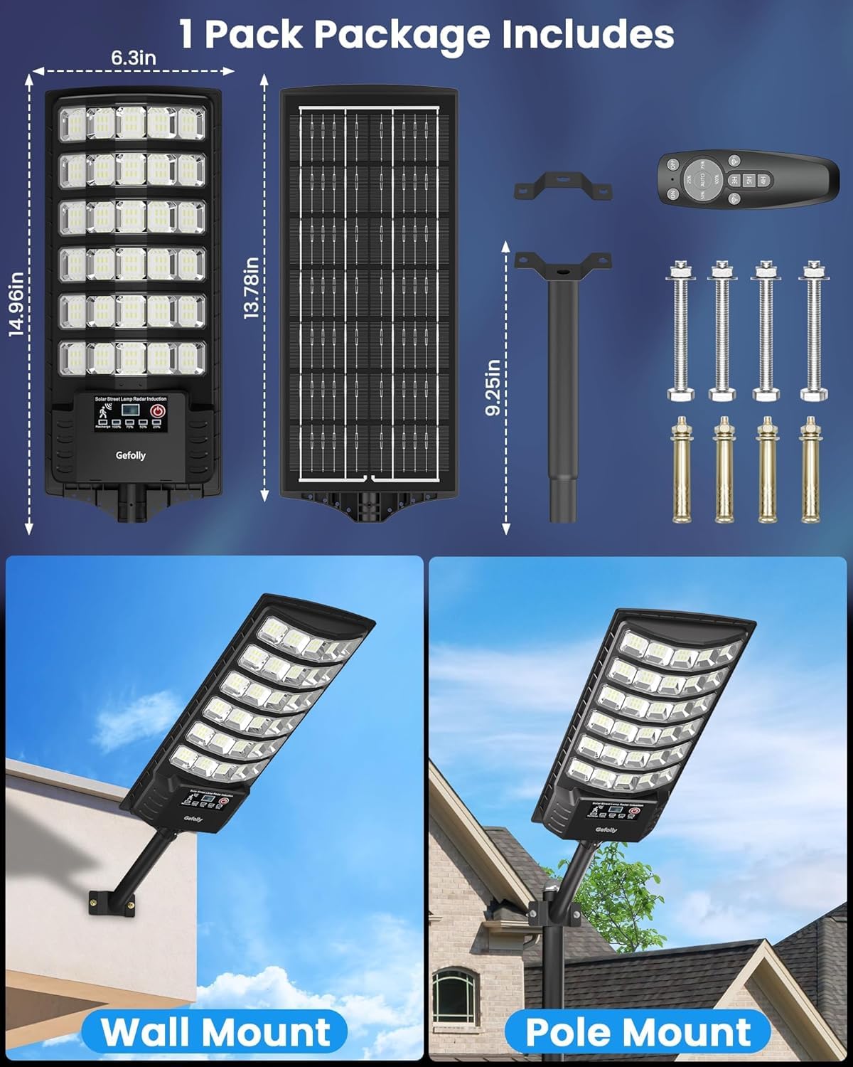 Gefolly Lampadaire Solaire Exterieur, 6500K Lampe Solaire Puissante avec Télécommande, IP67 Étanche Spot LED Extérieur Detecteur Pour Rue Garage Éclairage Public-4Pack