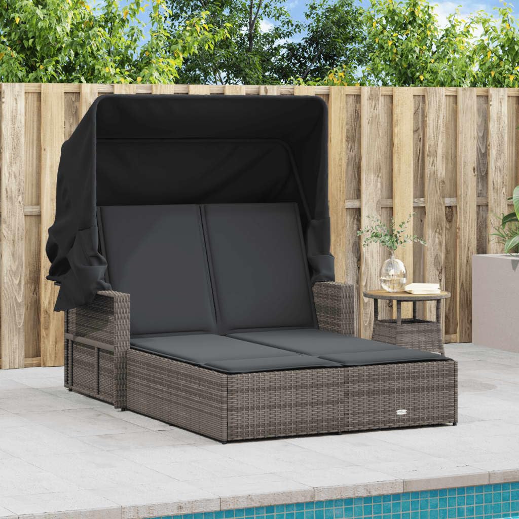 Polyrattan Doppelliege Doppel Sonnenliege mit Dach und Auflagen Garten Sonnenliege für 2 Personen Outdoor Liege - Rückenlehne verstellbar -Grau-