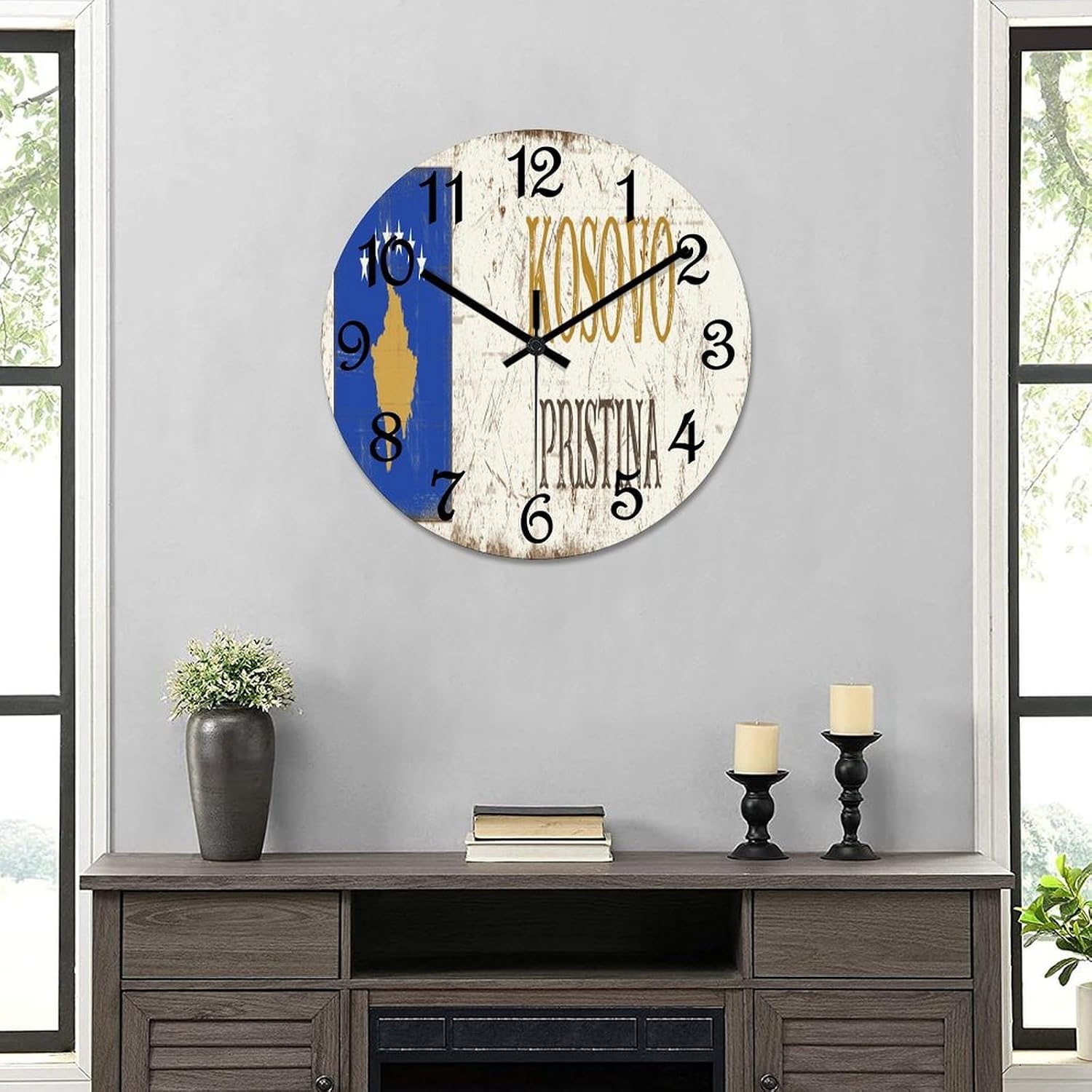 Kosovo Pristina Wall Clock Kosovo National Flag Operated Silent Non-Ticking PVC Clock 15x15 Inch for Home Kitchen Bathroom Bedroom Living Room Decor