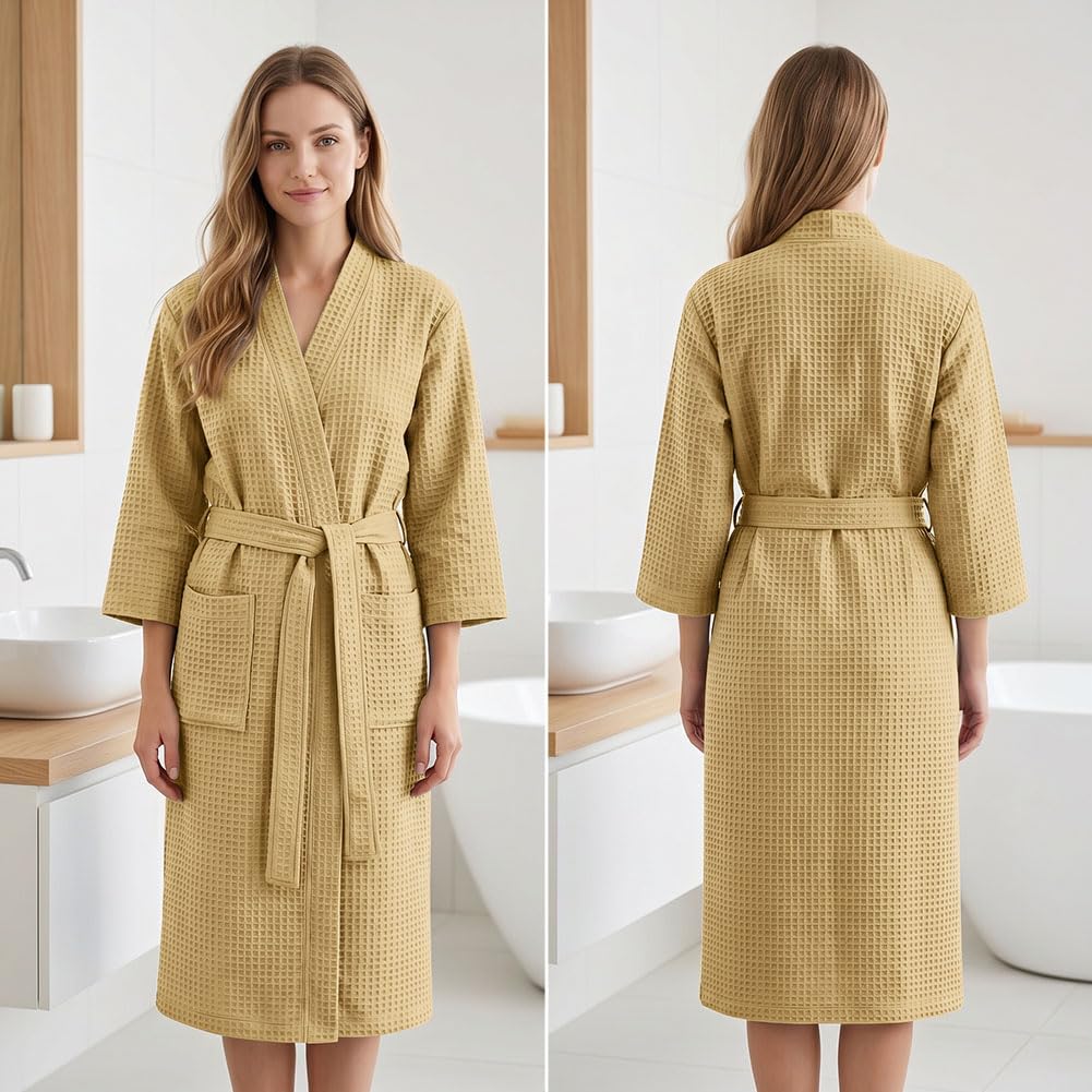 AUYAO Peignoir de Bain Homme et Femme, Peignoir Léger et Doux, Robe de Chambre avec Poches, Ceinture, Sortie de Bain Gaufré Homme, Vêtements de Nuit pour Hommes