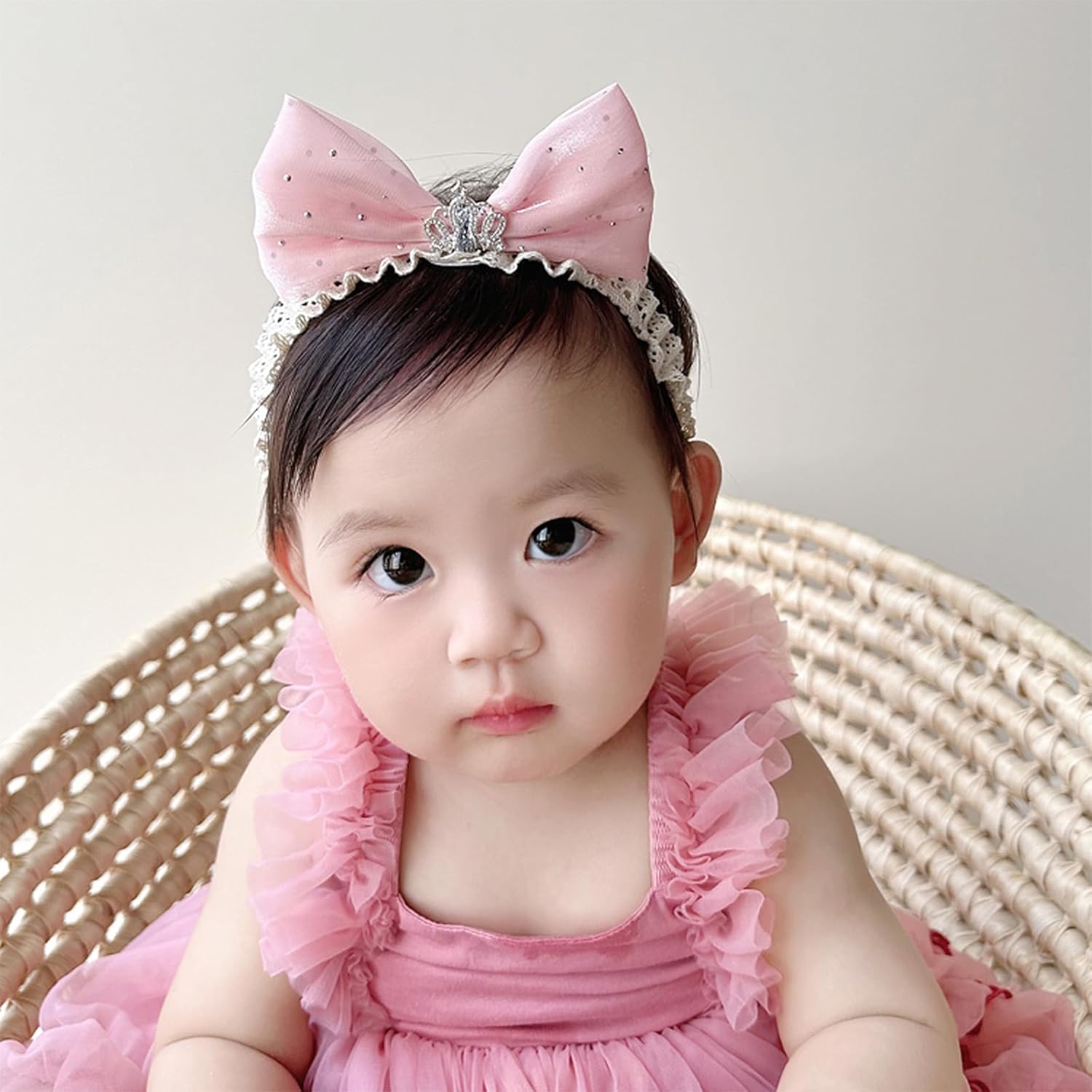 Lace Crown Hair Bow for Baby Girls Soft Tulle Elastic Headband Baby Shower Birthday Party Crown Hair Accessories for Newborn Infant Toddlers (Pink A, Adjustable) - Image 2