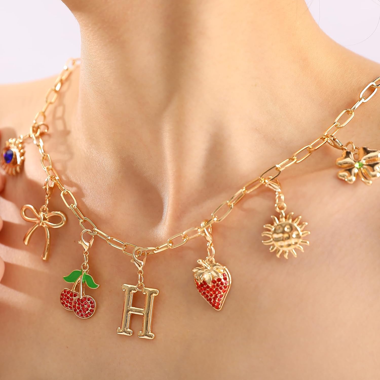 NEKOL Letter H Initial Charm Necklace for Women, Cherry Strawberry Evil Eye Sun Bow Four-Leaf Clover Personalized Pendant Necklace,Removable Charms Choker Trendy Jewelry Birthday Gifts for Her - Image 2