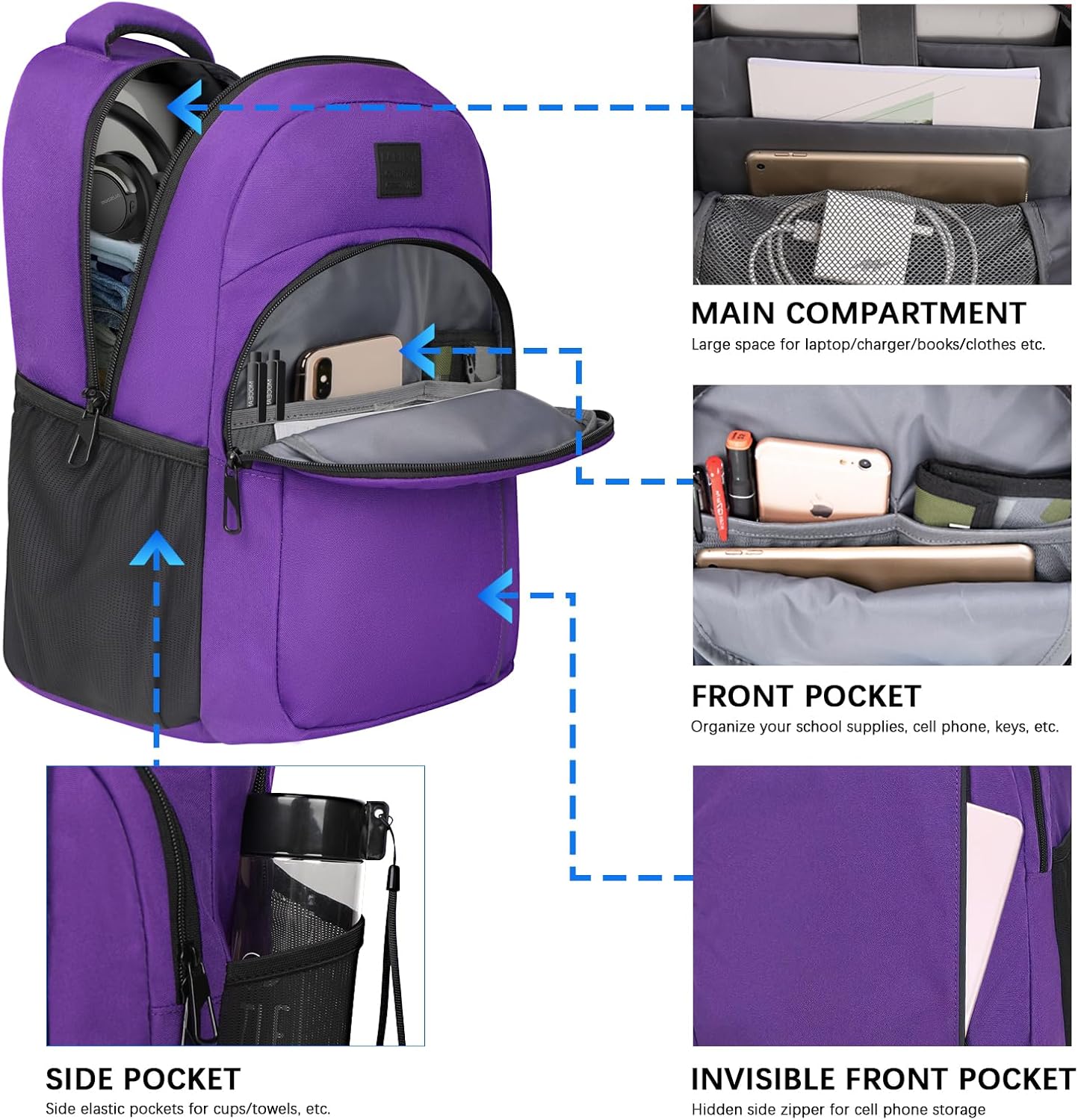 LARIPOP Carry On Backpack for Airplane, 15.6 Inch Laptop Backpack with USB Charging Port, Water Resistant Business Travel Backpack, Lightweight College School Bookbag Anti Theft for Men Women, Purple