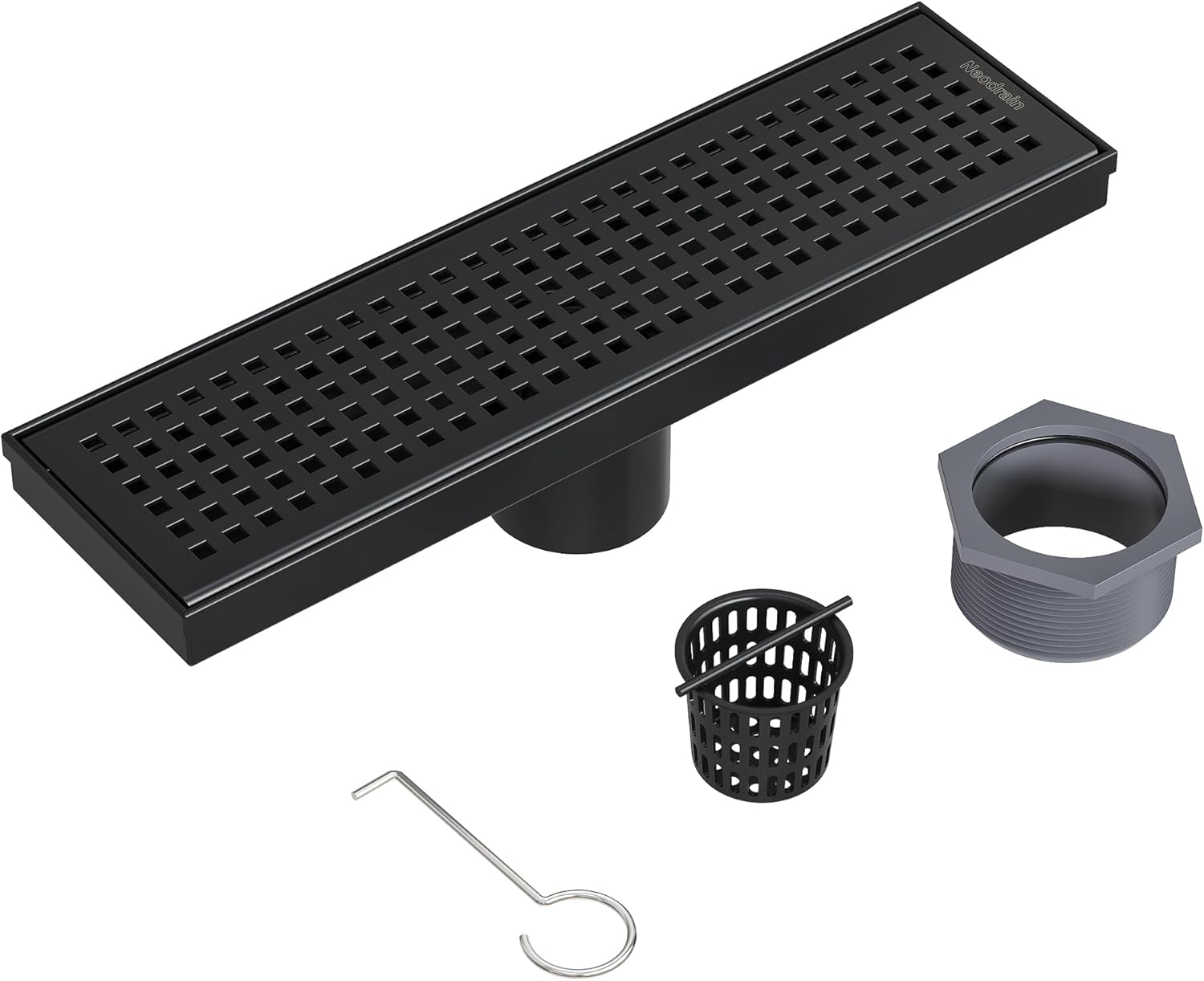 Neodrain 12-Inch Black Linear Shower Drain with Removable Quadrato Pattern Grate,Professional 304 Stainless Steel Rectangle Shower Floor Drains Manufacturer, Hair Strainer,Matte Black Linear Drain
