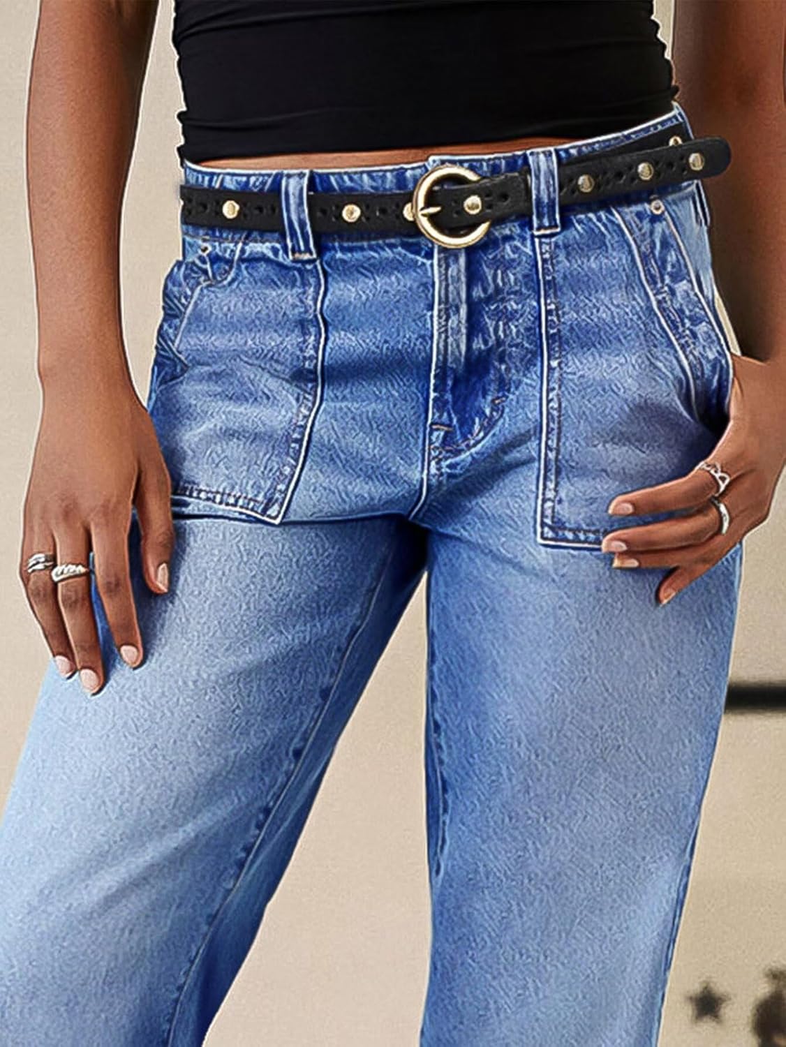 Flamingals Women’s Mid Rise Straight Leg Jeans Stretchy Baggy Boyfriend Wash Denim Jeans Without Belt - Image 3