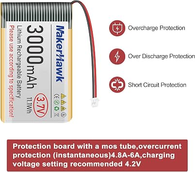 MakerHawk 3.7V 3000mAh LiPo Battery Rechargeable 1S 103665 Lithium Polymer Battery with Protection Board Insulated Rubber Tape, Micro JST 1.25 Plug for Arduino ESP32 Development Board (1 Pack)