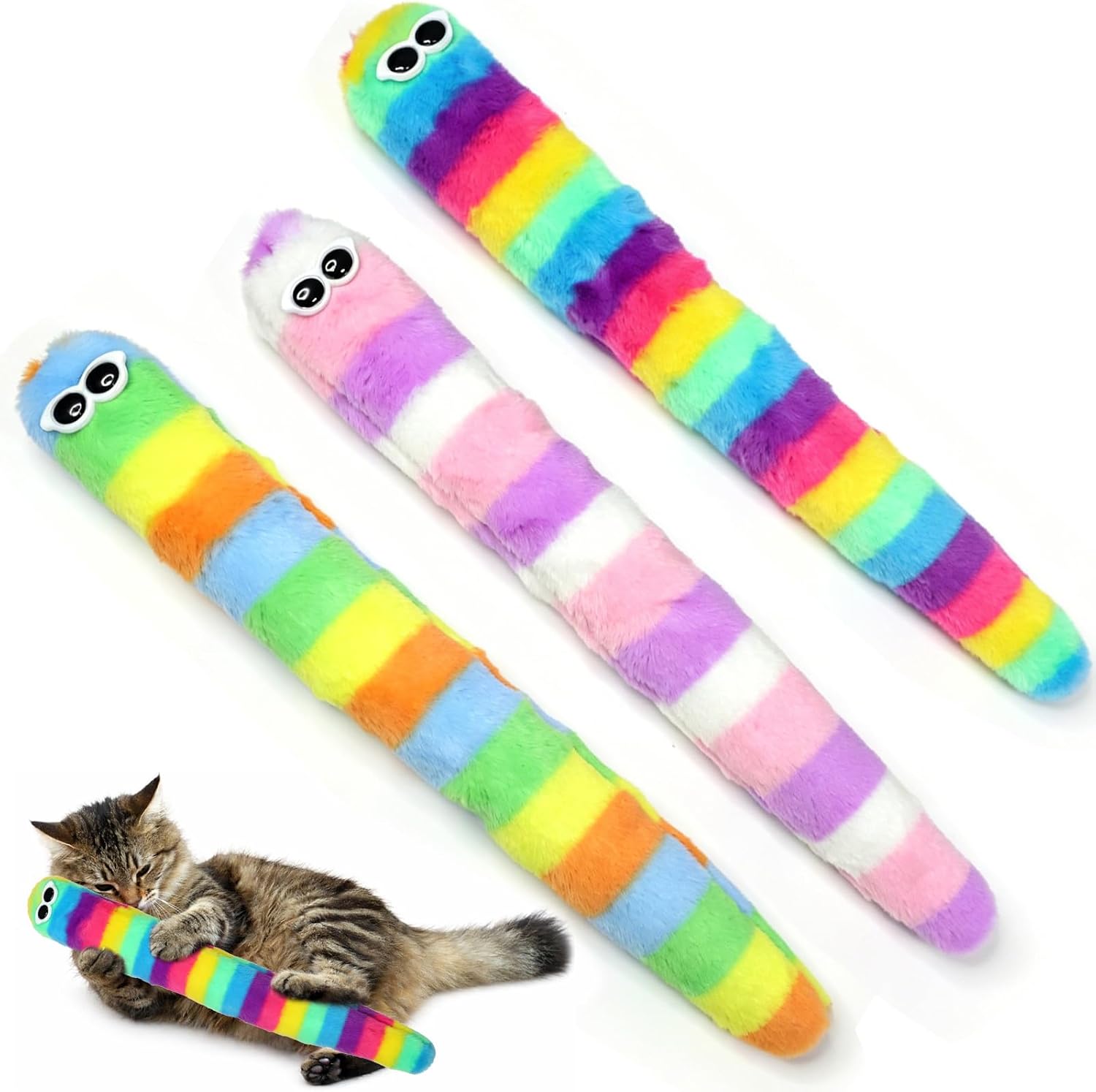 Plush Caterpillar Cat Toy with Natural Catnip, Soft Stuffed Kitten Pillow Toy, Interactive Chew & Cuddle Companion for Indoor Cats, Teething Relief (Sunglasses Striped Style Toy 3 Pack)