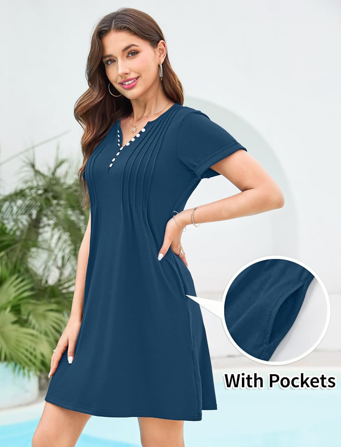 Soesdemo Womens Summer Dresses Short Rolled Sleeve Pleated Button Down V Neck Casual Beach Shift Sundresses with Pockets - Image 4