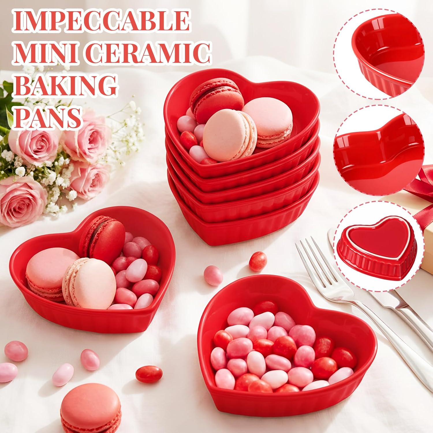 Reallnaive 8 Pcs Heart Shaped Ramekin Creme Brulee Ramekins Oven Safe 5.91 x 5.91 x 1.57 Inch Heart Shaped Bowl Small Baking Ceramic Ramekins Dishes for Souffle Snacks Quiche Appetizers Sauces(Red)