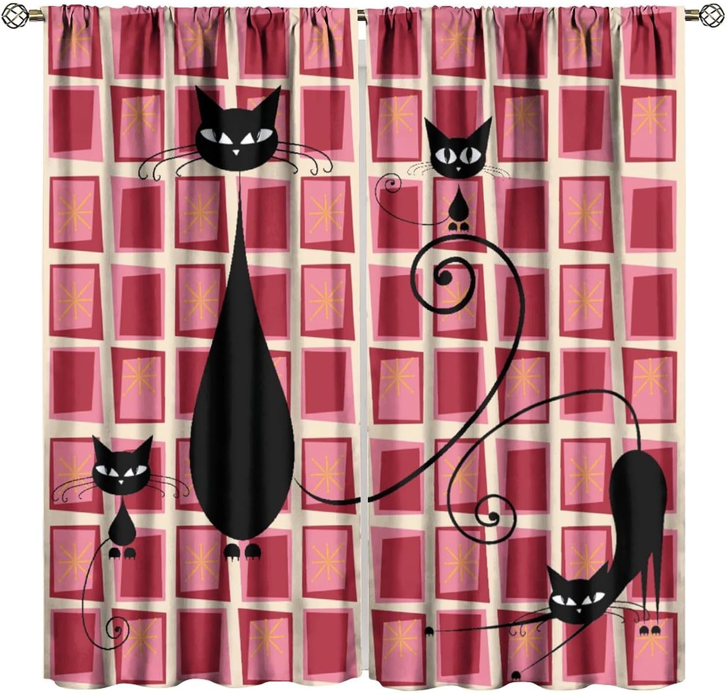 Mid Century Black Cat Blackout Curtains, Modern Abstract Retro Geometric Pattern Rod Pocket Window Drapes, for Living Room Bedroom 42" W X 54" L