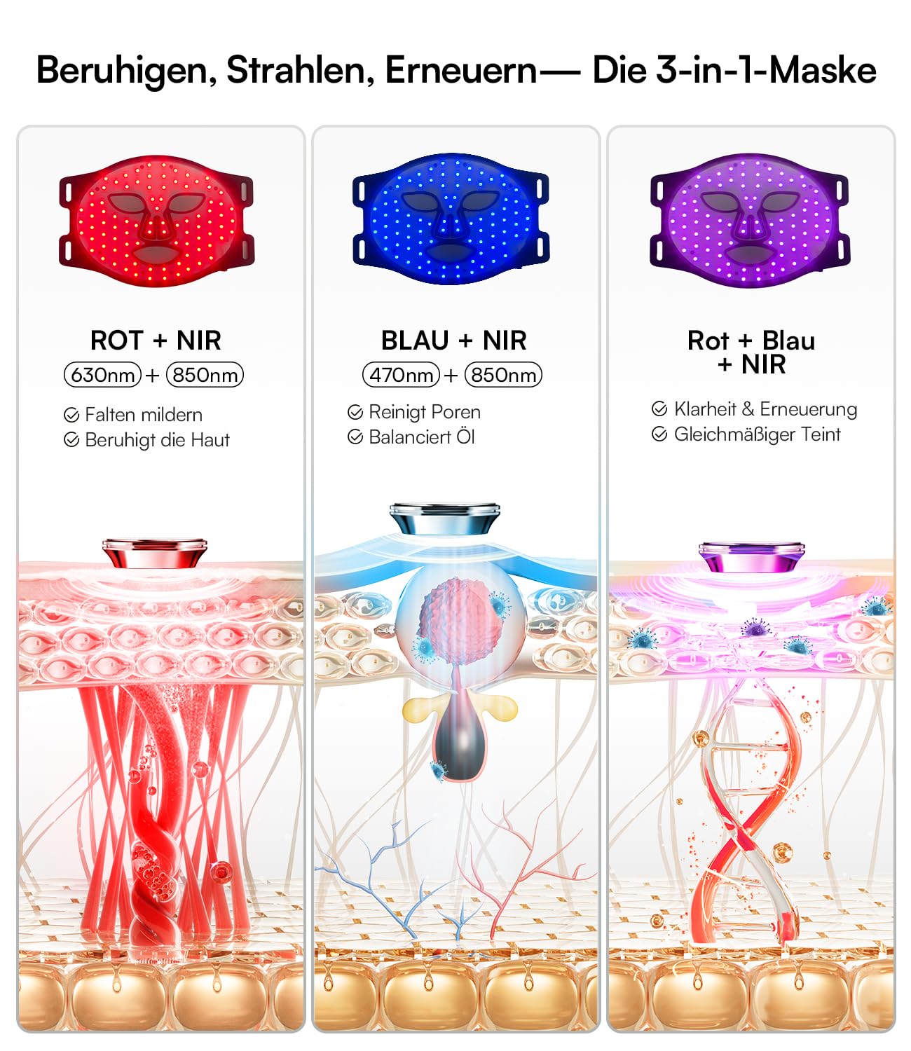 INIA LED Gesichtsmaske Lichttherapie 4 Modi 850nm NIR Rote Blaue 220 Perlen Red Light Therapy Face Mask Aufladbar 2600mAh Anti-Aging