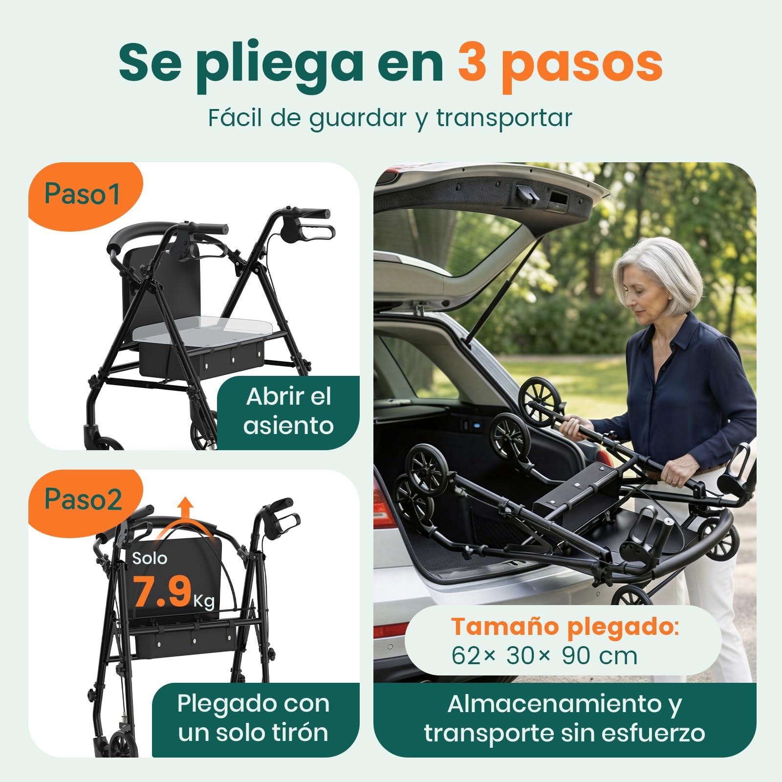 Andador Rollator con Asiento y Almacenamiento – Ayuda de Marcha Ligera y Plegable de 4 Ruedas para Adultos Mayores y Discapacitados, Uso Interior y Exterior, Negro