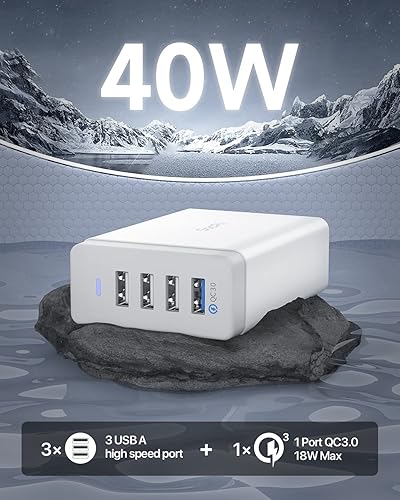Miniatura 4 de SooPii Estación de carga USB de 40 W, estación de carga USB de 4 puertos con un puerto QC 3.0 para múltiples dispositivos, 4 cables de carga mixtos