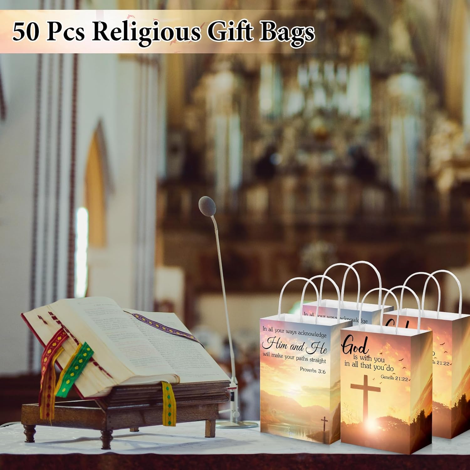 Zhanmai 50 Pcs Easter Christian Gift Bags Church Visitor Welcome Packets Bulk with Handles Religious Baptism Bags with Bible Verse for Holiday Party 5.91 x 3.15 x 8.27 Inch - Image 5