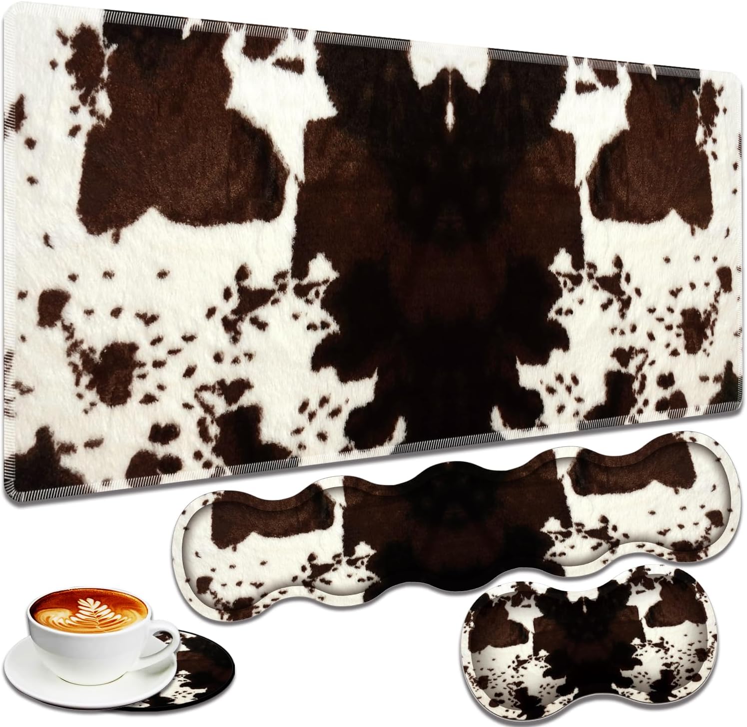 Large Gaming Mouse Pad + Keyboard Wrist Rest + Wrist Support + Coaster Set, Memory Foam Ergonomic for Easy Typing, XXL Extended Gaming Mouse Pad Table Pad - Cow Hide Print
