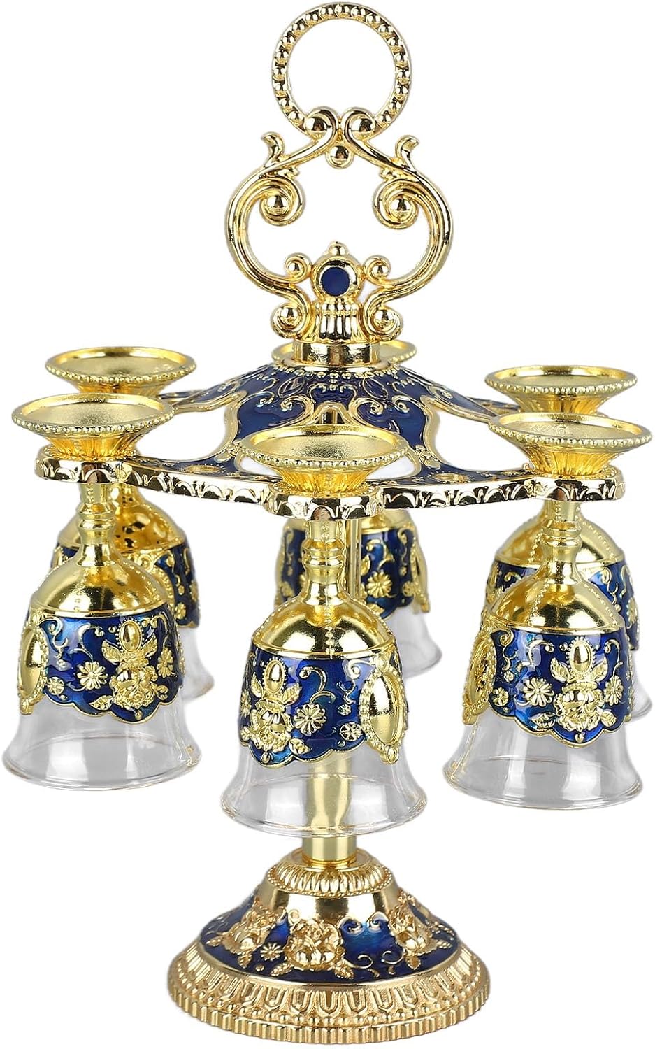 6Pcs Retro Chinese Chalice, Embossed Flower Zinc Alloy Goblets, Unique Drinking Cups for Party Banquet Bar and Family Decor (Gold Blue)